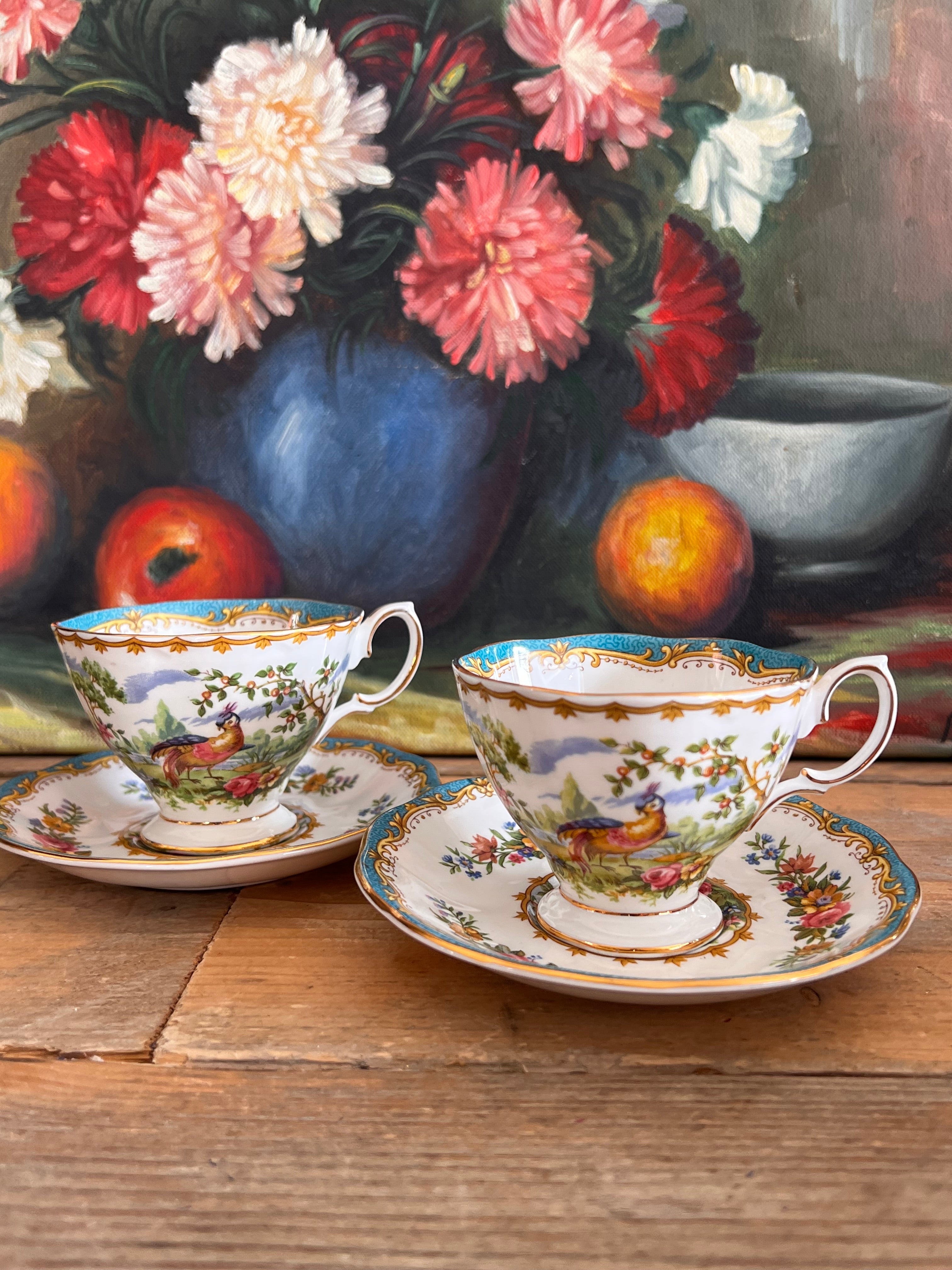  Chelsea Bird Royal Albert, Royal Albert kop en schotel, vintage theekopje, Chelsea Bird porselein, Royal Albert servies, Engelse theekop, vintage theeservies kopen, Royal Albert vintage kopen.