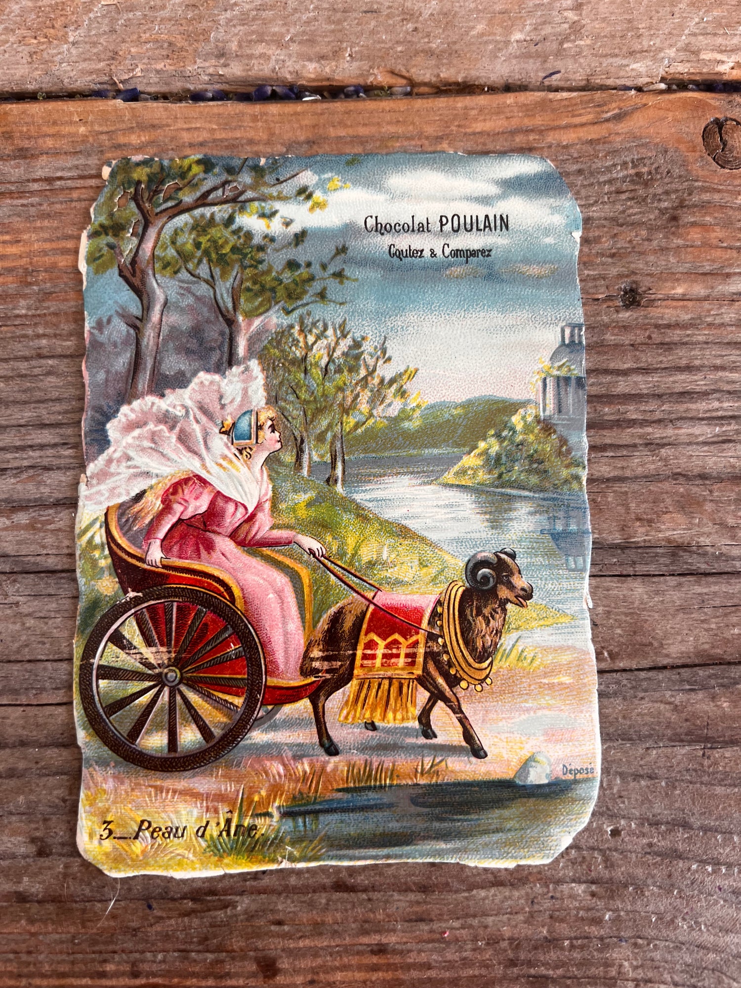 antiek verzamelplaatje Poulain, Poulain chocolade plaatje 1898-1910, vintage chocoladeplaatje, Peau d’Âne sprookje plaatje, antiek chocolade collectible, zeldzaam Poulain plaatje, historisch chocoladeplaatje  