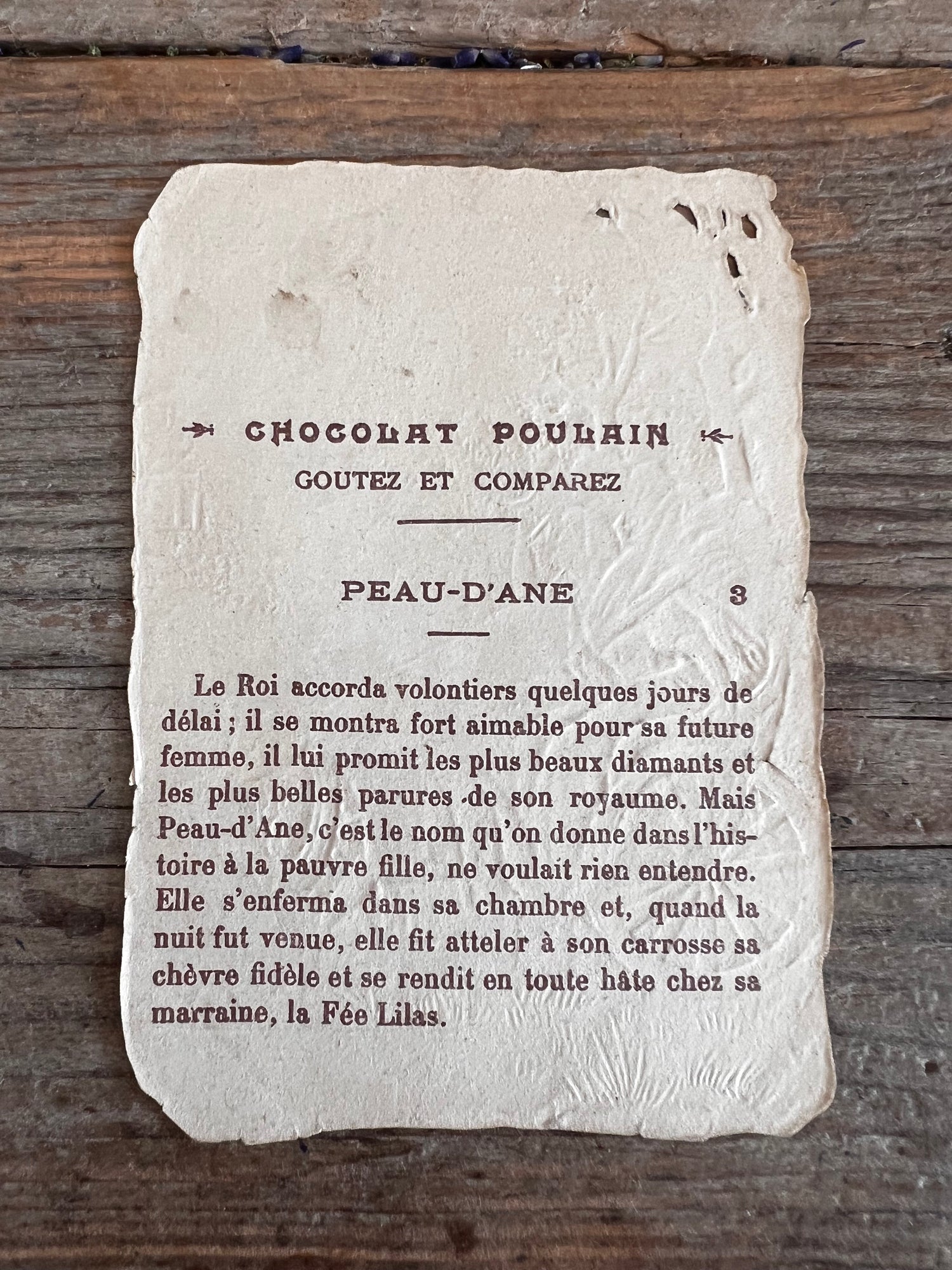 antiek verzamelplaatje Poulain, Poulain chocolade plaatje 1898-1910, vintage chocoladeplaatje, Peau d’Âne sprookje plaatje, antiek chocolade collectible, zeldzaam Poulain plaatje, historisch chocoladeplaatje  