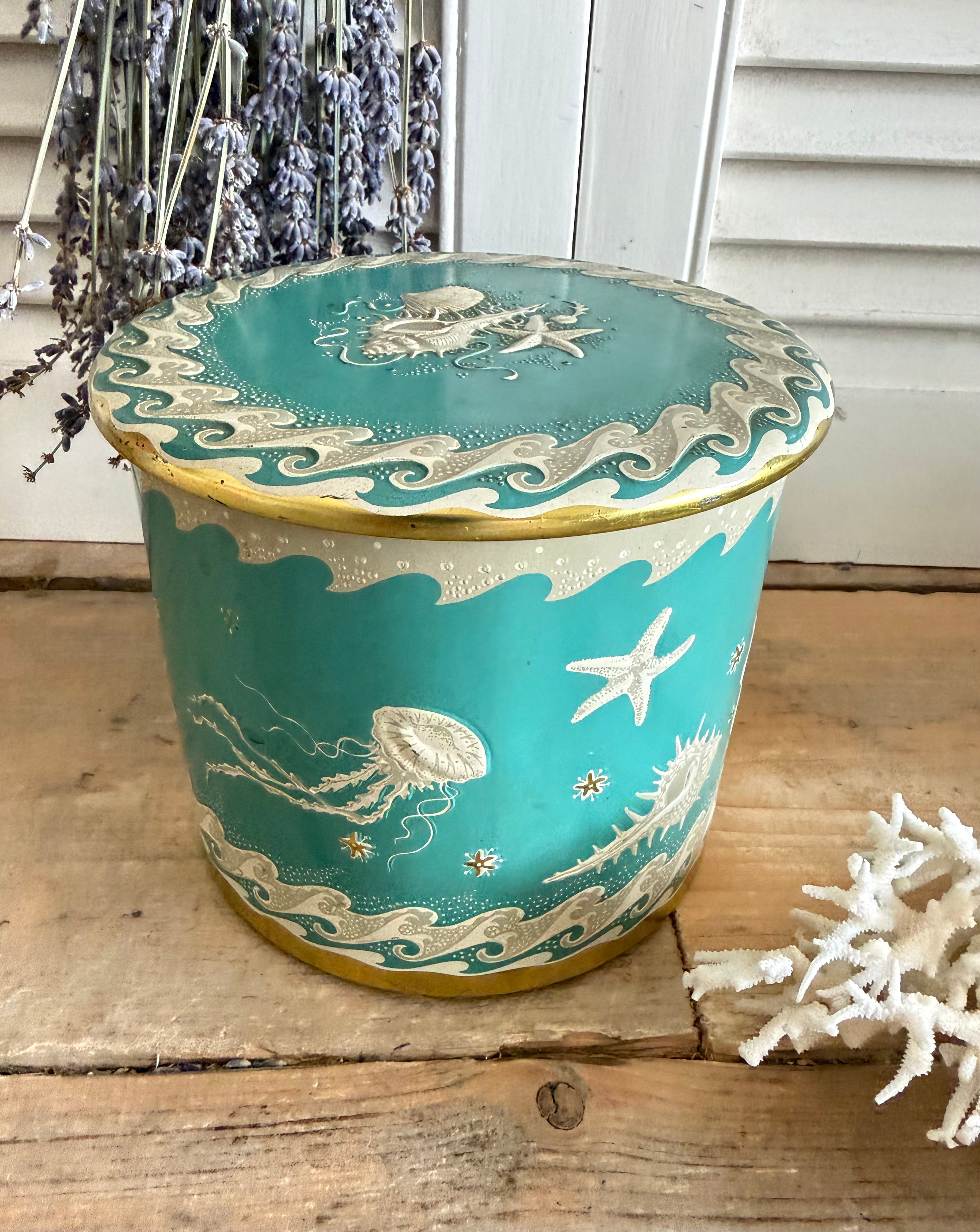 Vintage blik, zeegroen, retro blik, maritiem blik, zeepaardjes, Sofia&