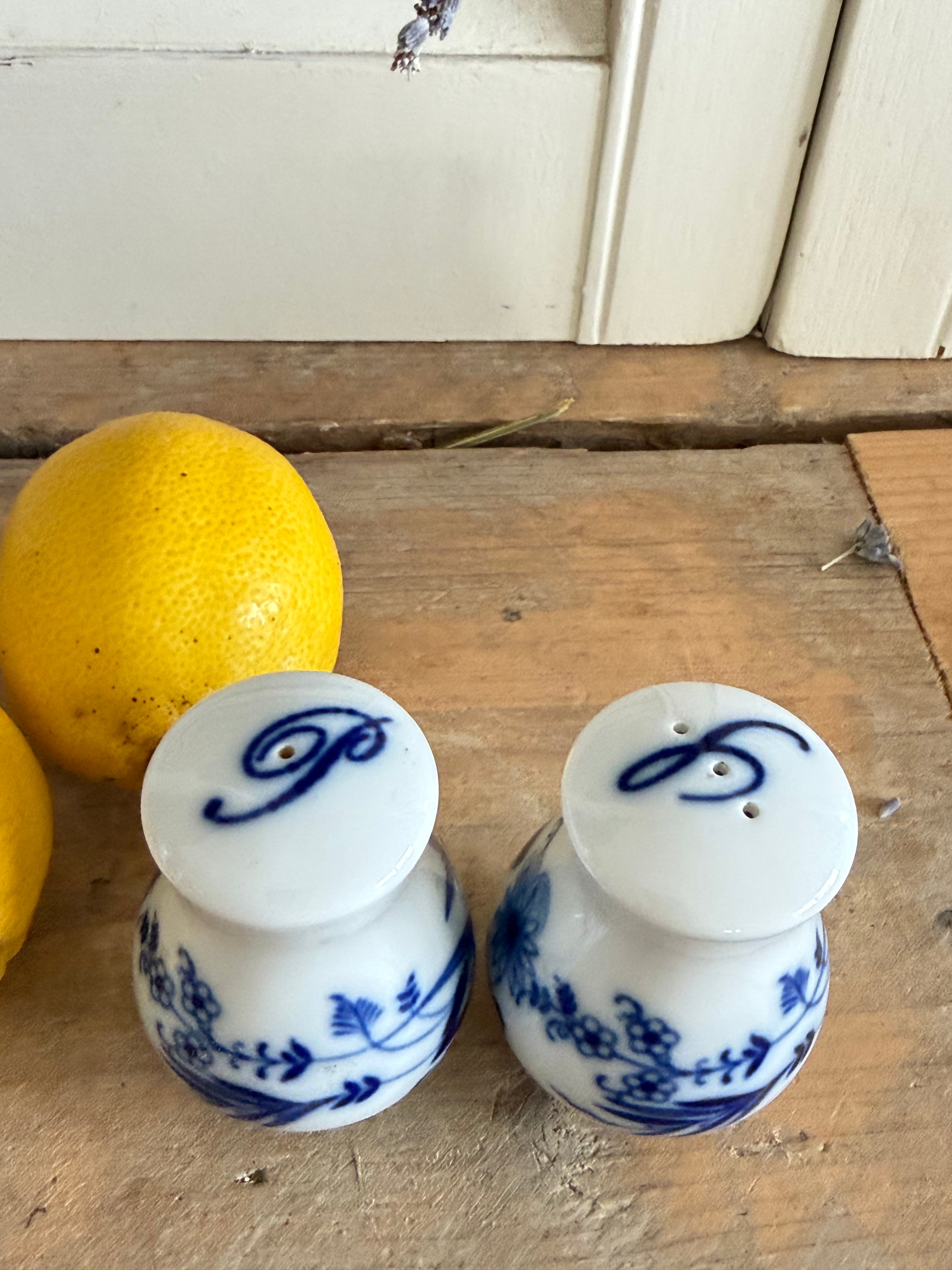 Vintage peper- en zoutstel, Zwiebelmuster, Blue Onion, peper- en zoutstrooiers, landelijk servies, Sofia&