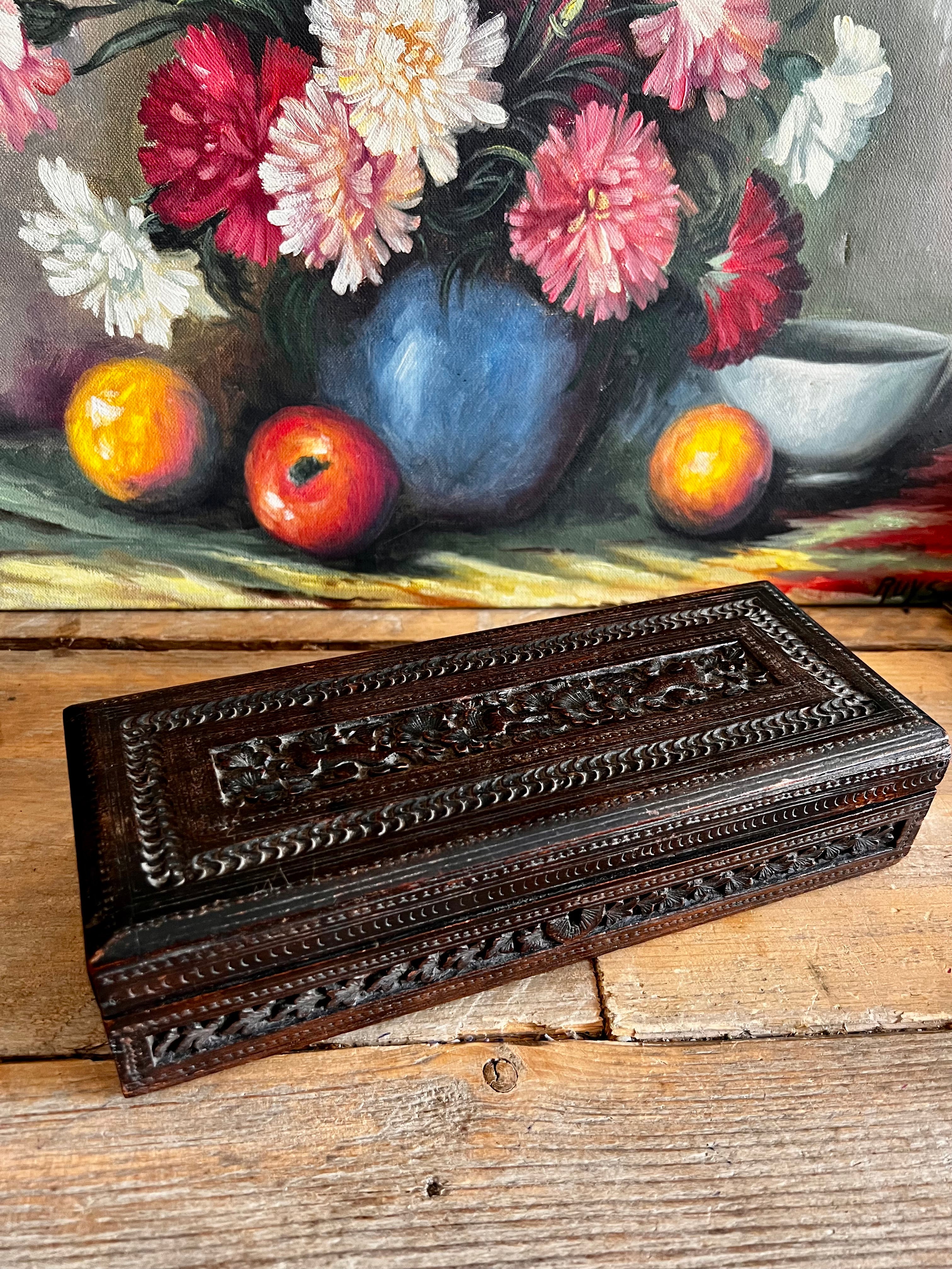 antieke Vizagapatam opbergdoos, Anglo-Indiase doos, sandelhouten doos, fijn houtsnijwerk India, antiek India souvenir, Vizagapatam souvenir doos, koloniale opbergdoos India