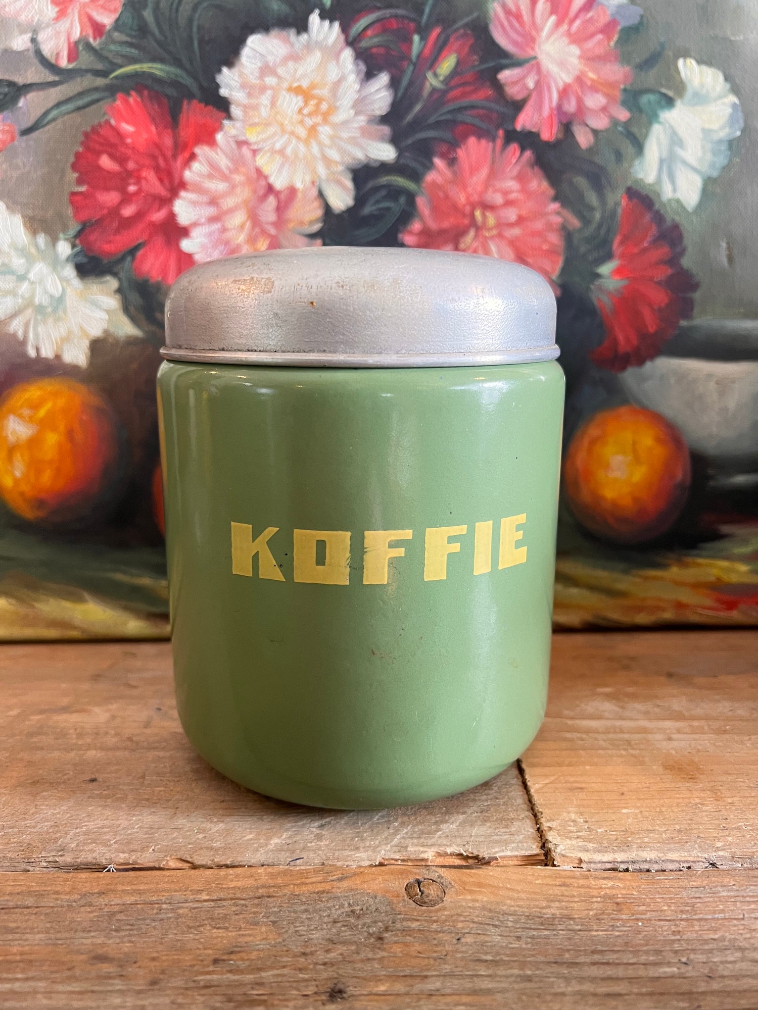 vintage voorraadbussen, emaille voorraadbussen, koffie thee suiker, oud Hollands, brocante, groen