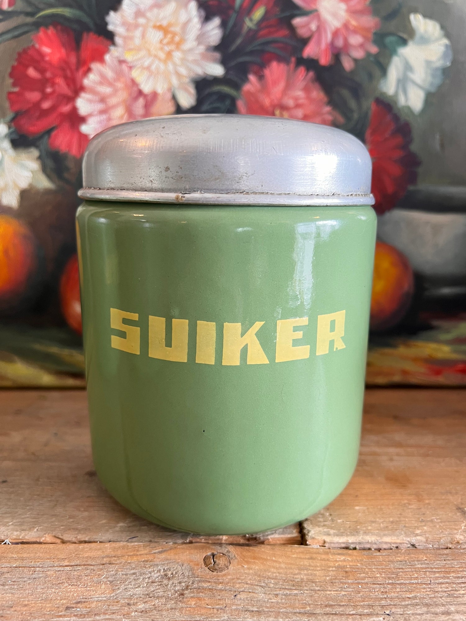 vintage voorraadbussen, emaille voorraadbussen, koffie thee suiker, oud Hollands, brocante, groen