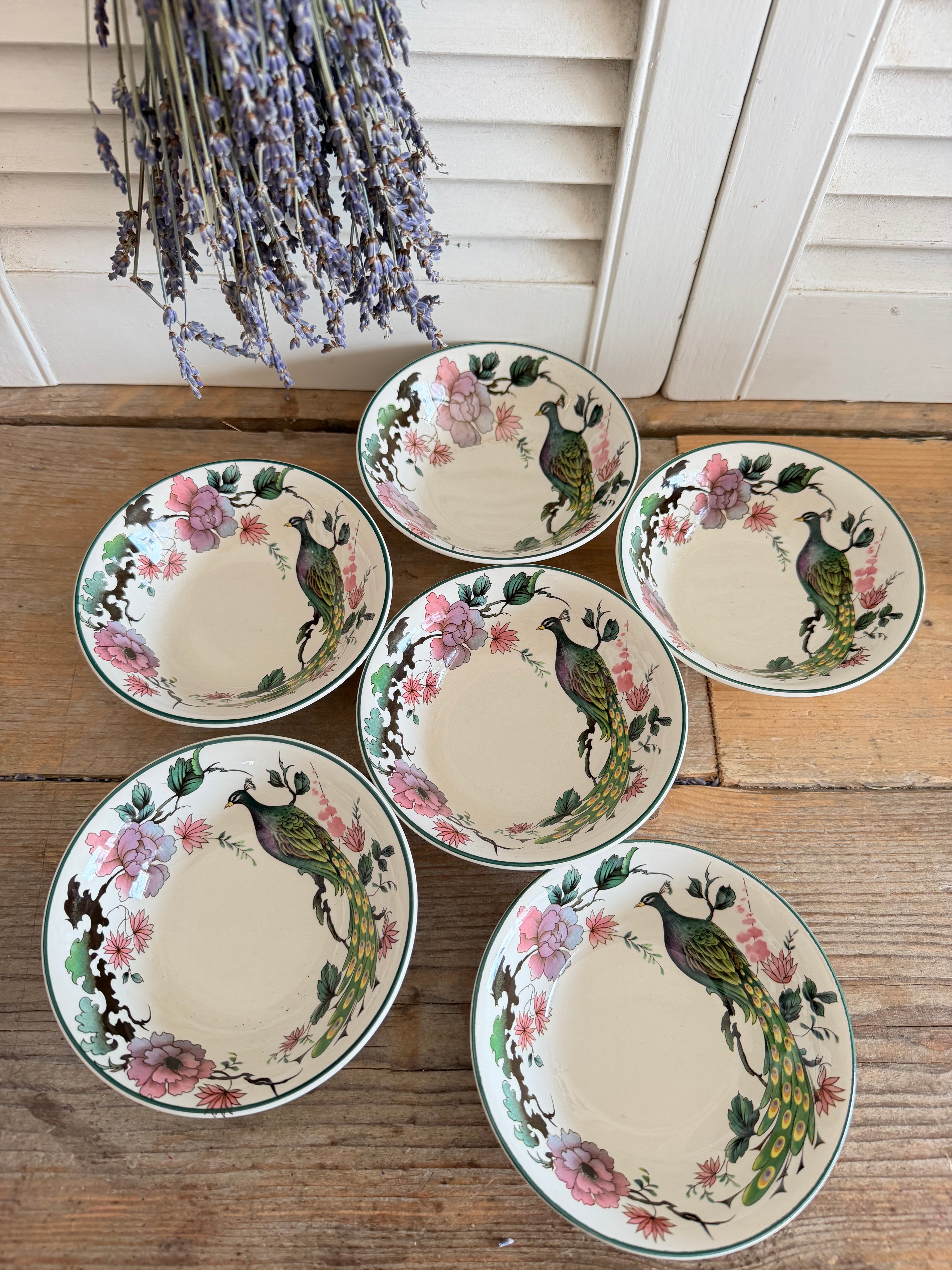 Set van 6 vintage Myott Meakin schaaltjes -Exotic Garden , Engels vintage servies, vintage servies, schaaltjes met pauw, Sofia&