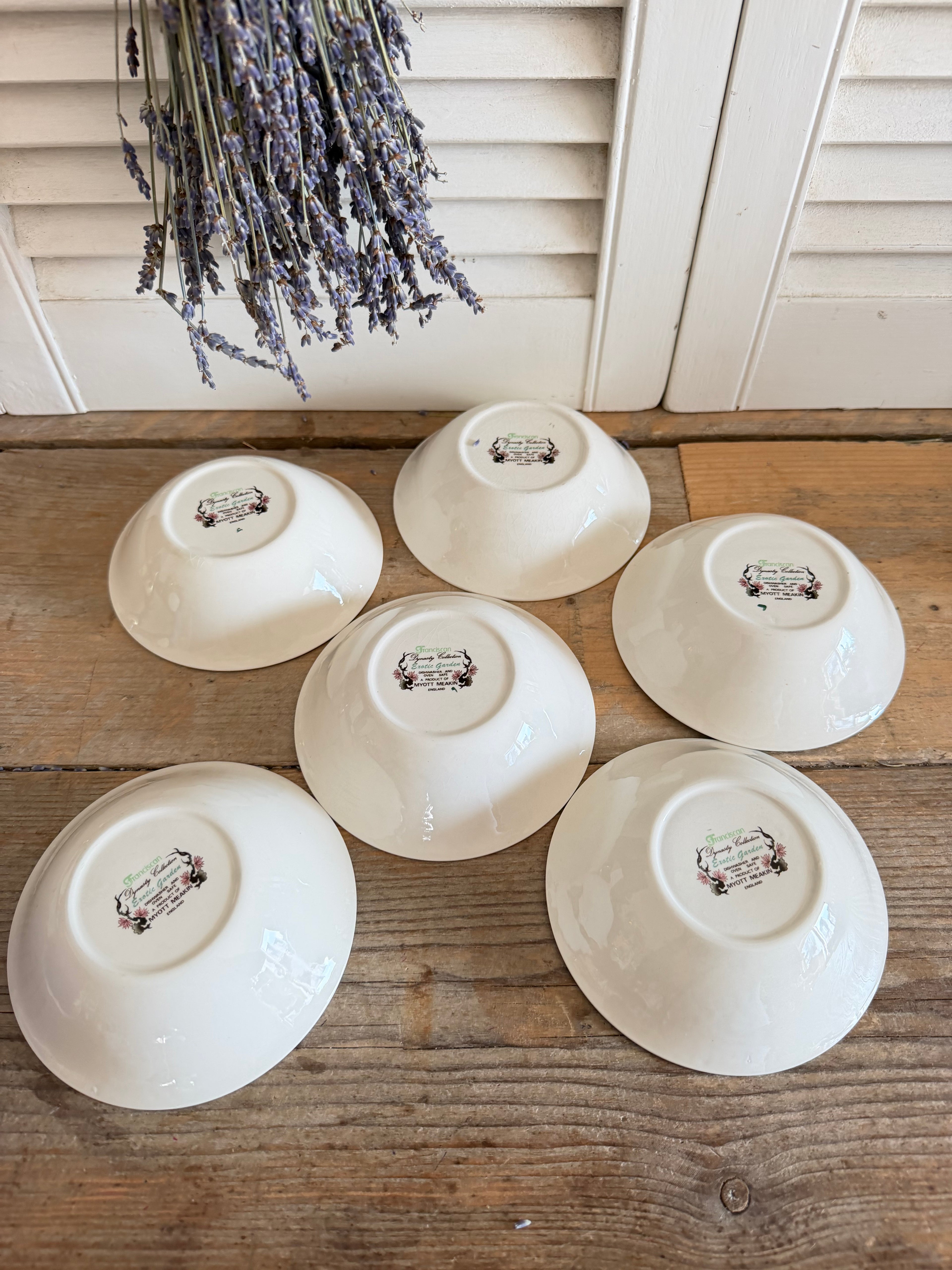 Set van 6 vintage Myott Meakin schaaltjes -Exotic Garden , Engels vintage servies, vintage servies, schaaltjes met pauw, Sofia&