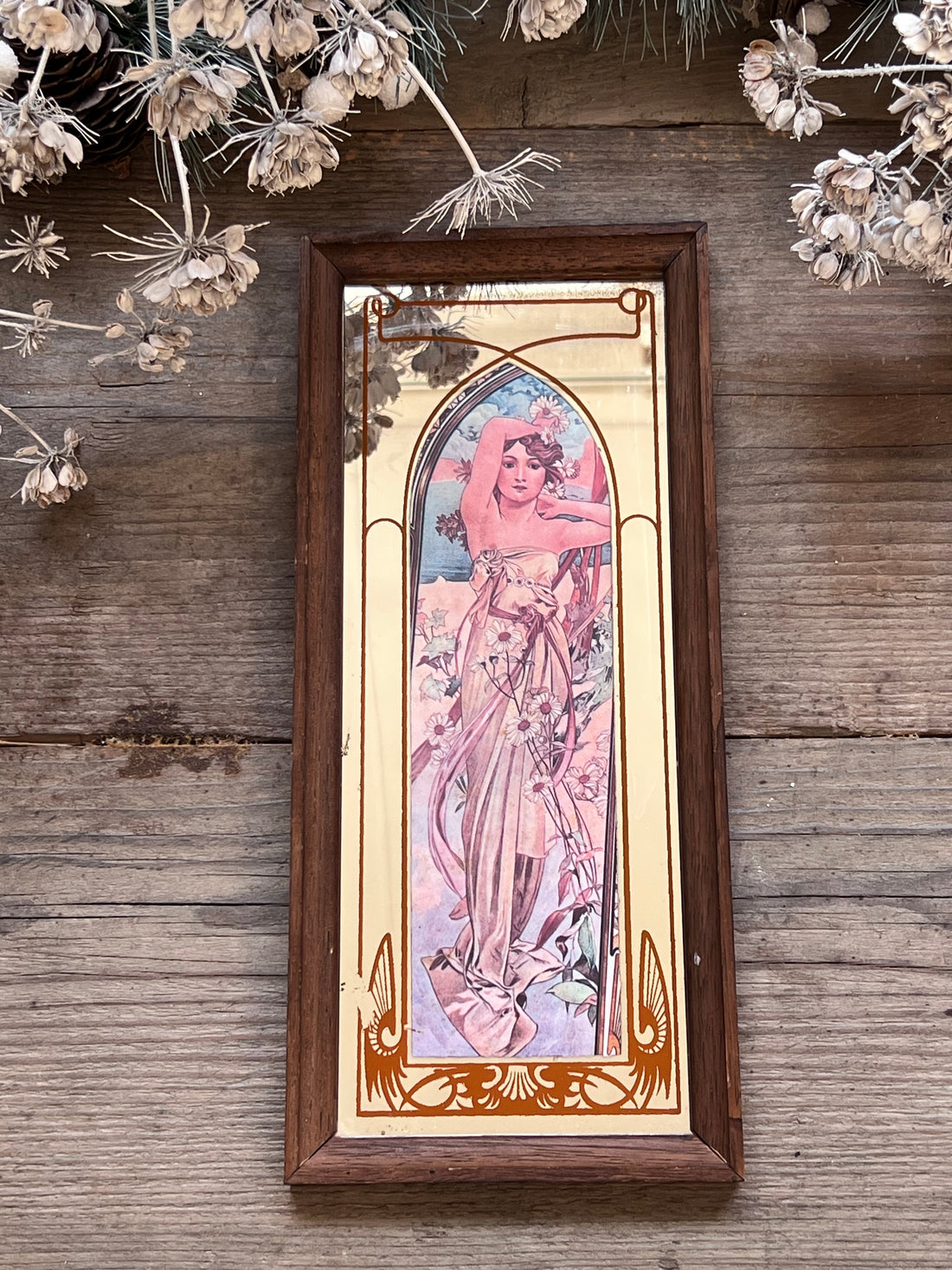 vintage spiegeltje Mucha, spiegeltje Éclat de Jour, Art Nouveau spiegeltje, Mucha inspired mirror, vintage make-up spiegeltje, decoratief handspiegeltje, retro spiegel Art Nouveau, Mucha spiegeltje vintage