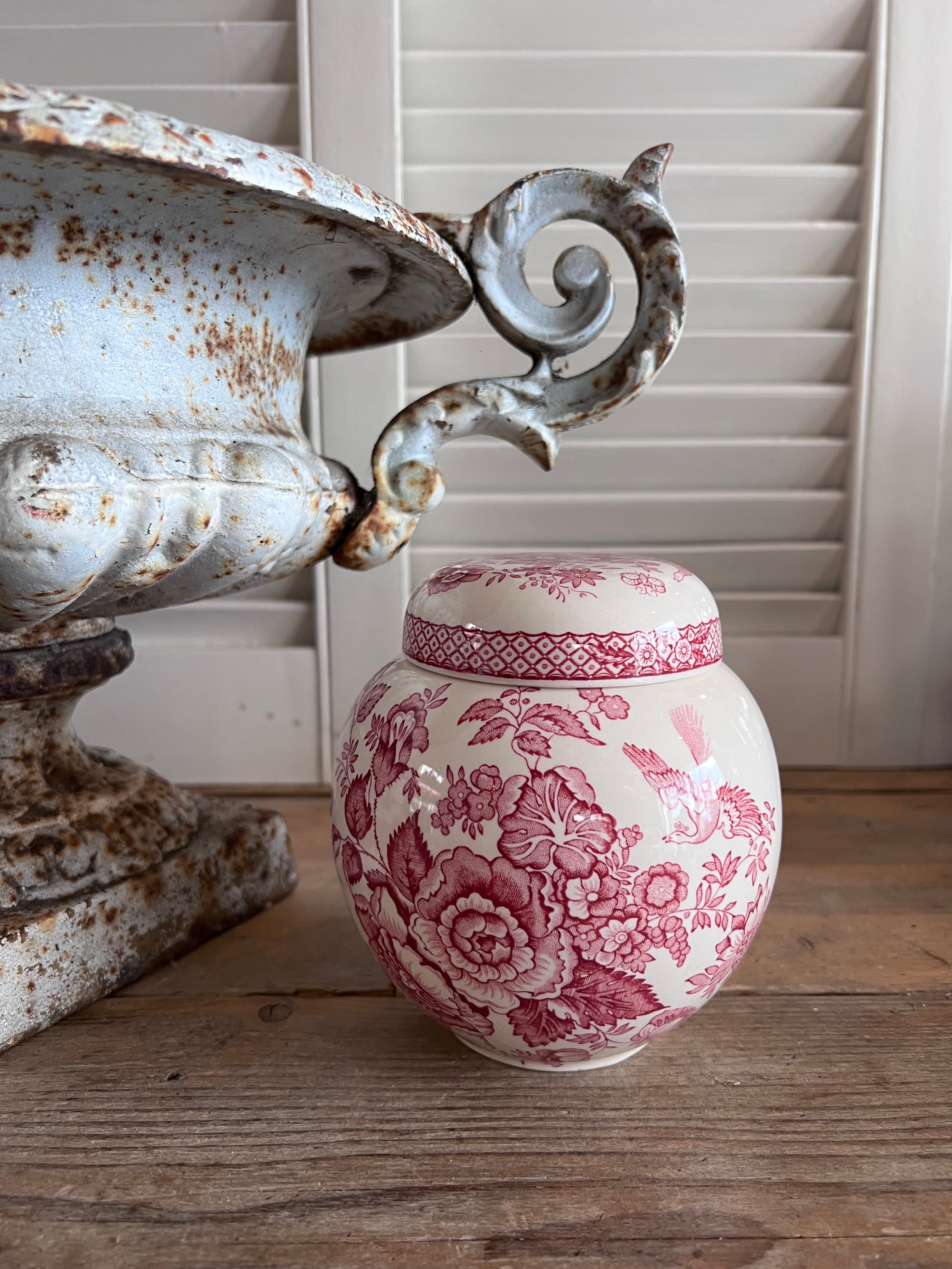 Vintage gemberpot, Mason’s Stratford, Mason’s Stratford gemberpot roze, keramische gemberpot vintage, retro keukenpot, vintage Mason’s Stratford pot, gemberpot kopen, landelijke keukenaccessoires