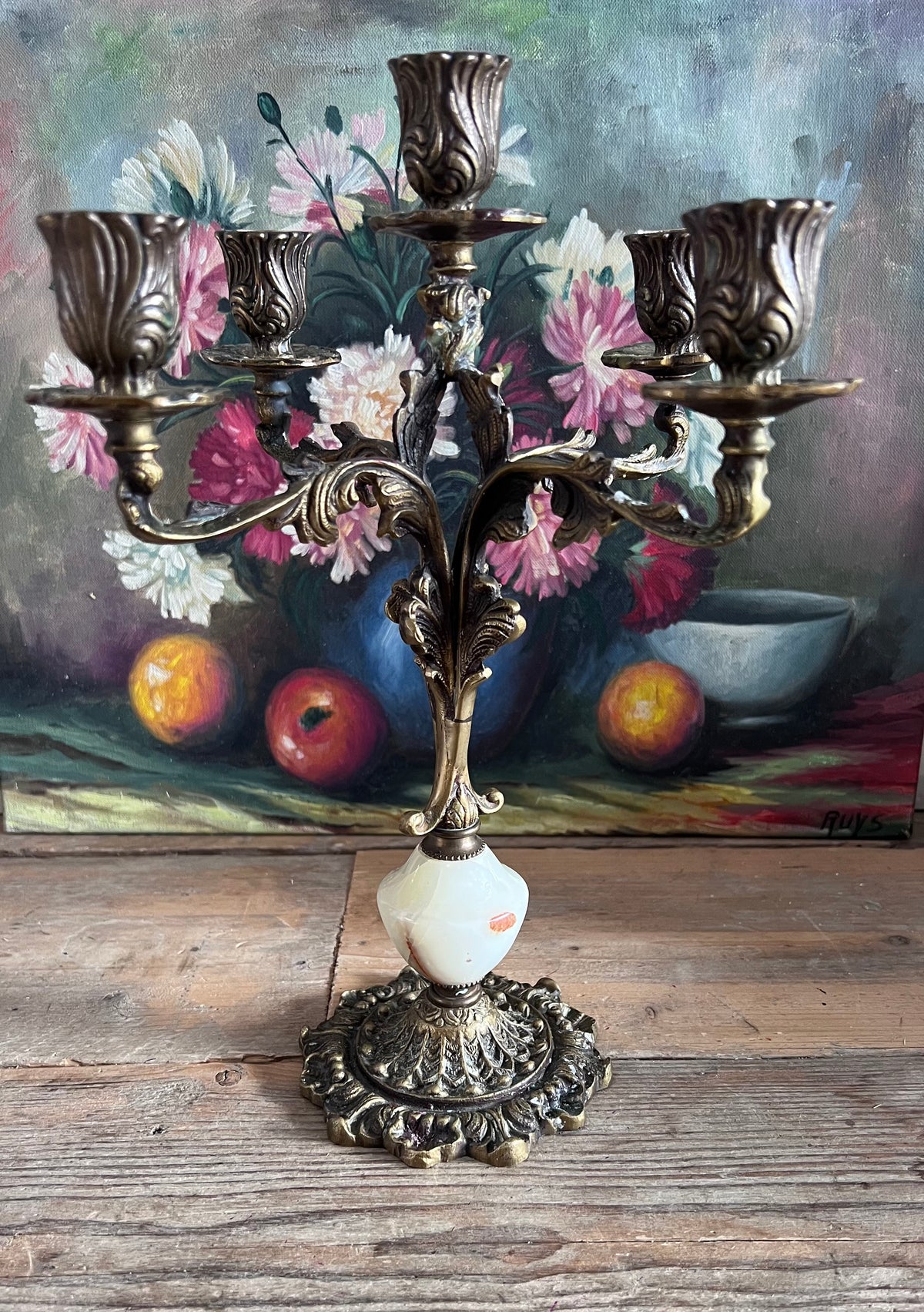 vintage messing kandelaar, messing kandelaar jaren 60, kandelaar met onyx, retro kandelaar, vintage interieur decoratie, messing kandelaar vintage, jaren 60 kandelaar, Sofia's Brocante