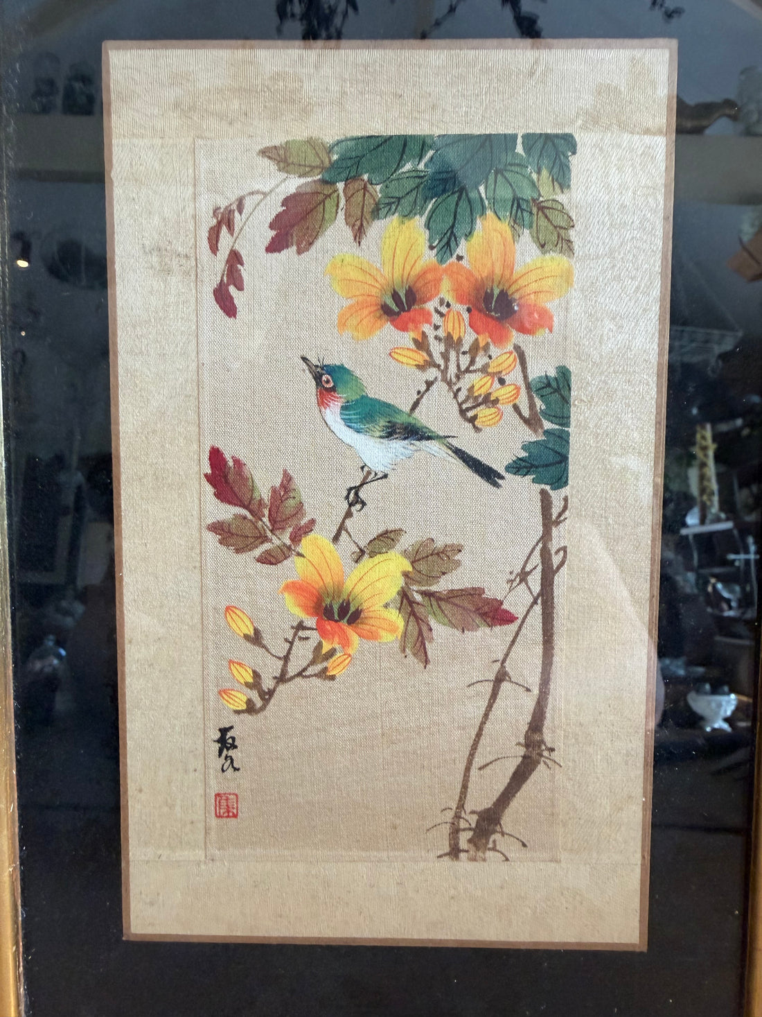 Chinees schilderij zijde, vintage schilderij vogel, bloemen op zijde, Oosters kunstwerk, Aziatische wanddecoratie, ingelijst zijdeschilderij, Sofia&