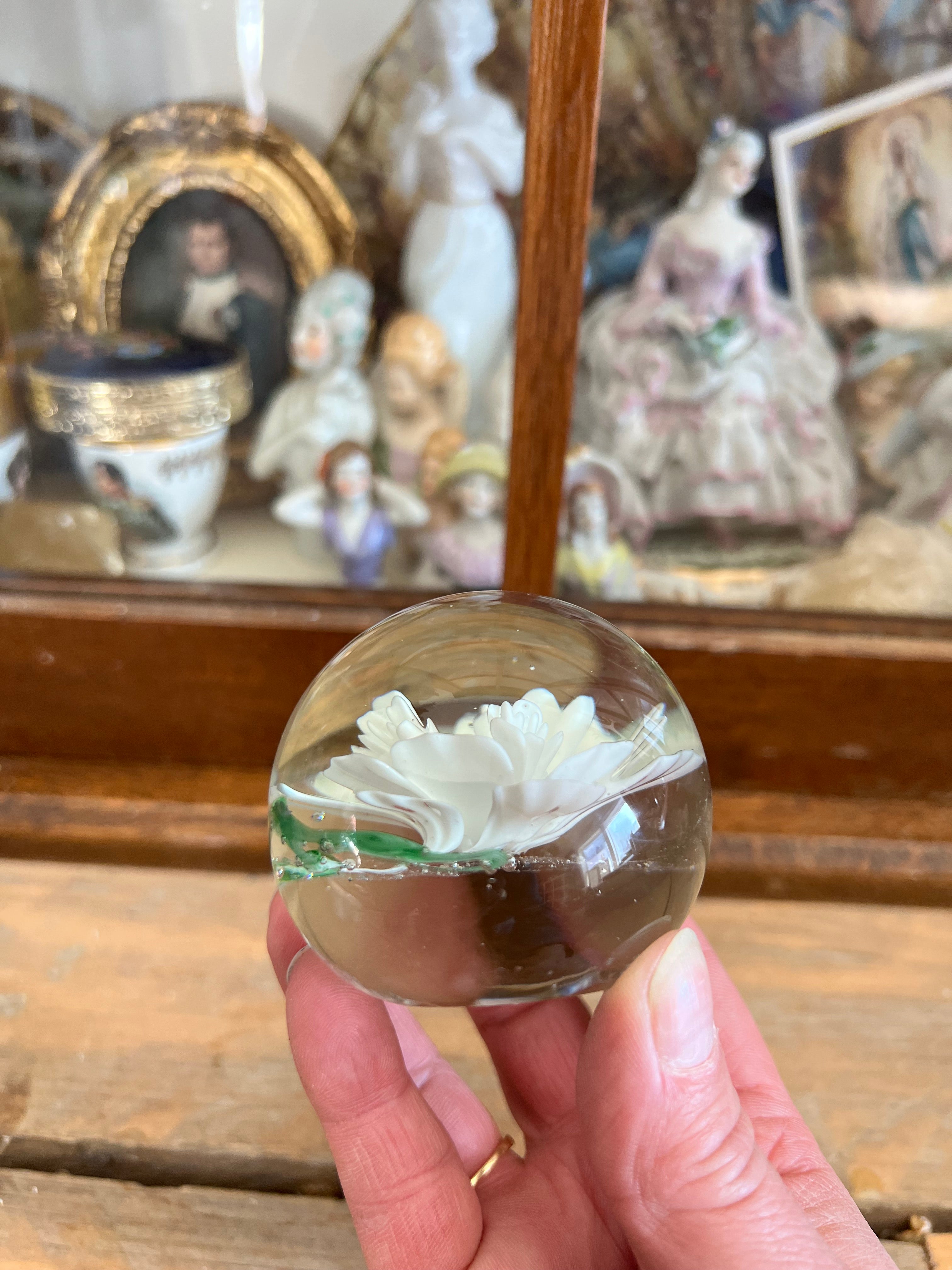 Glazen presse papier met witte bloem