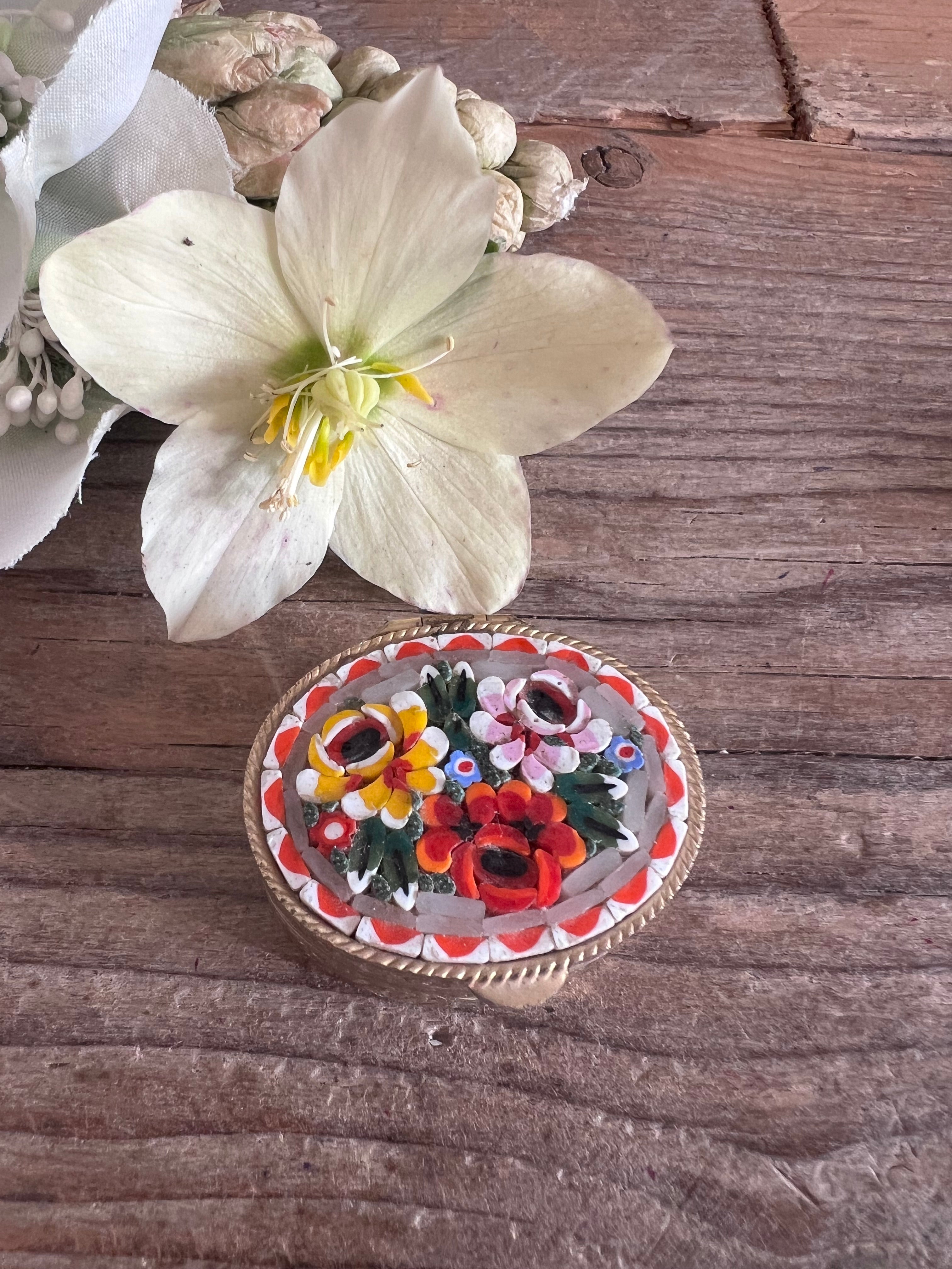 micro mozaïk pillendoosje, vintage pillendoosje, ovaal pillendoosje