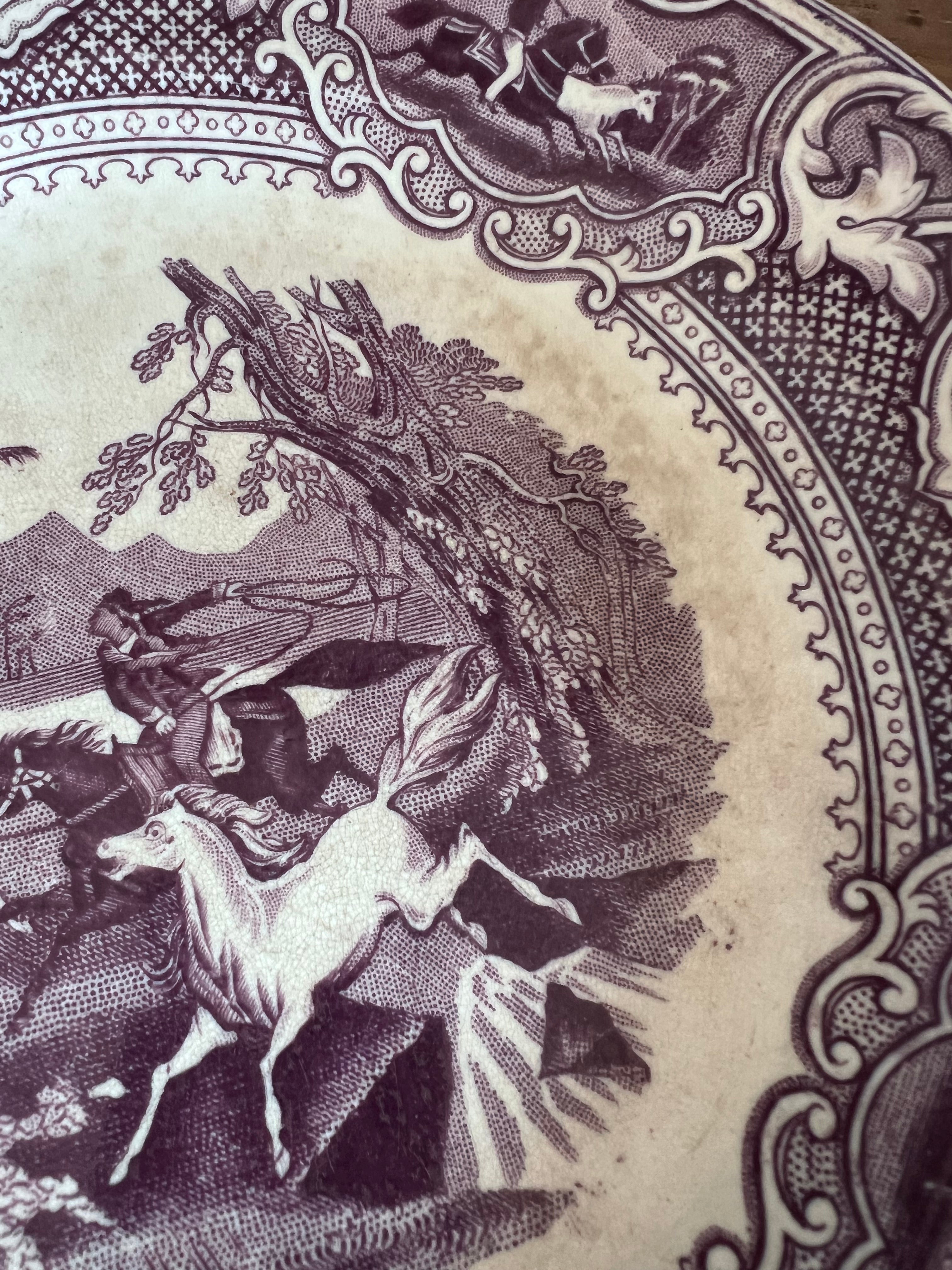 antiek bord Petrus Regout, aardewerk bord antiek, Petrus Regout bord Lasso decor, antiek paars bord Mulberry, vintage Petrus Regout servies, 19e eeuw aardewerk bord, decoratief antiek bord