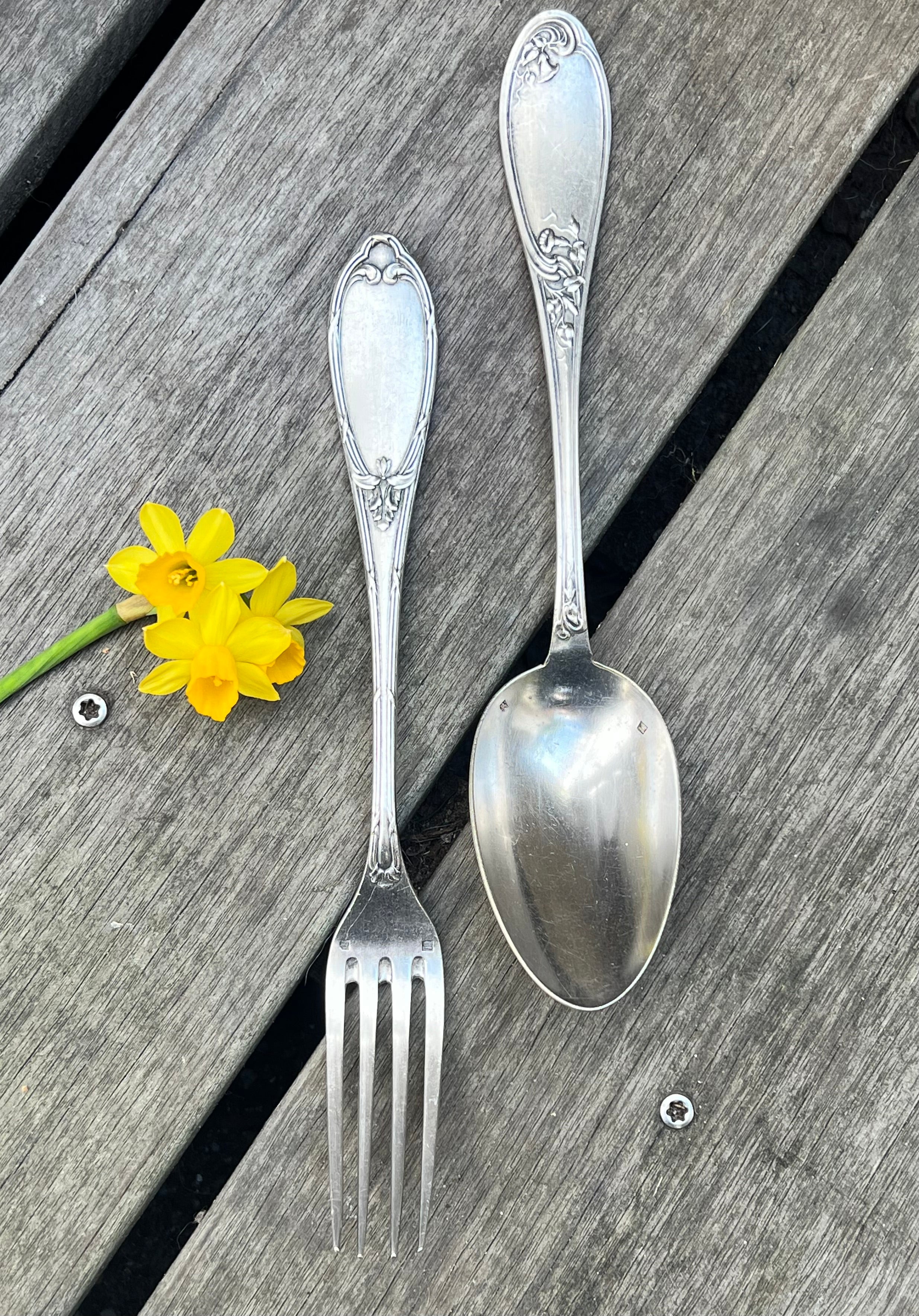 Verzilverd Art Nouveau bestek vork en lepel