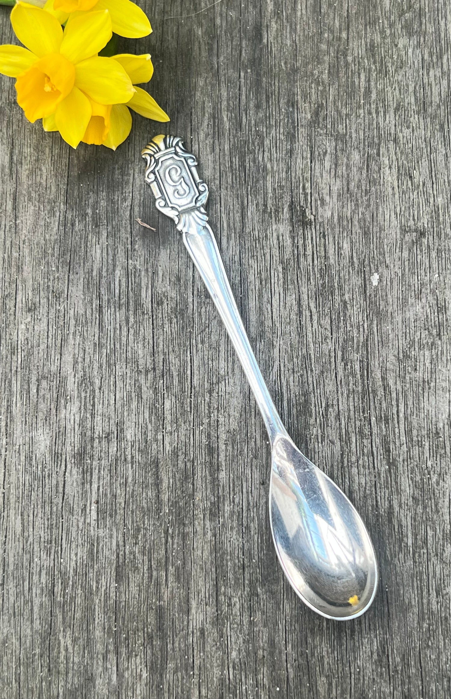 Verzilverd letter theelepeltje letter G