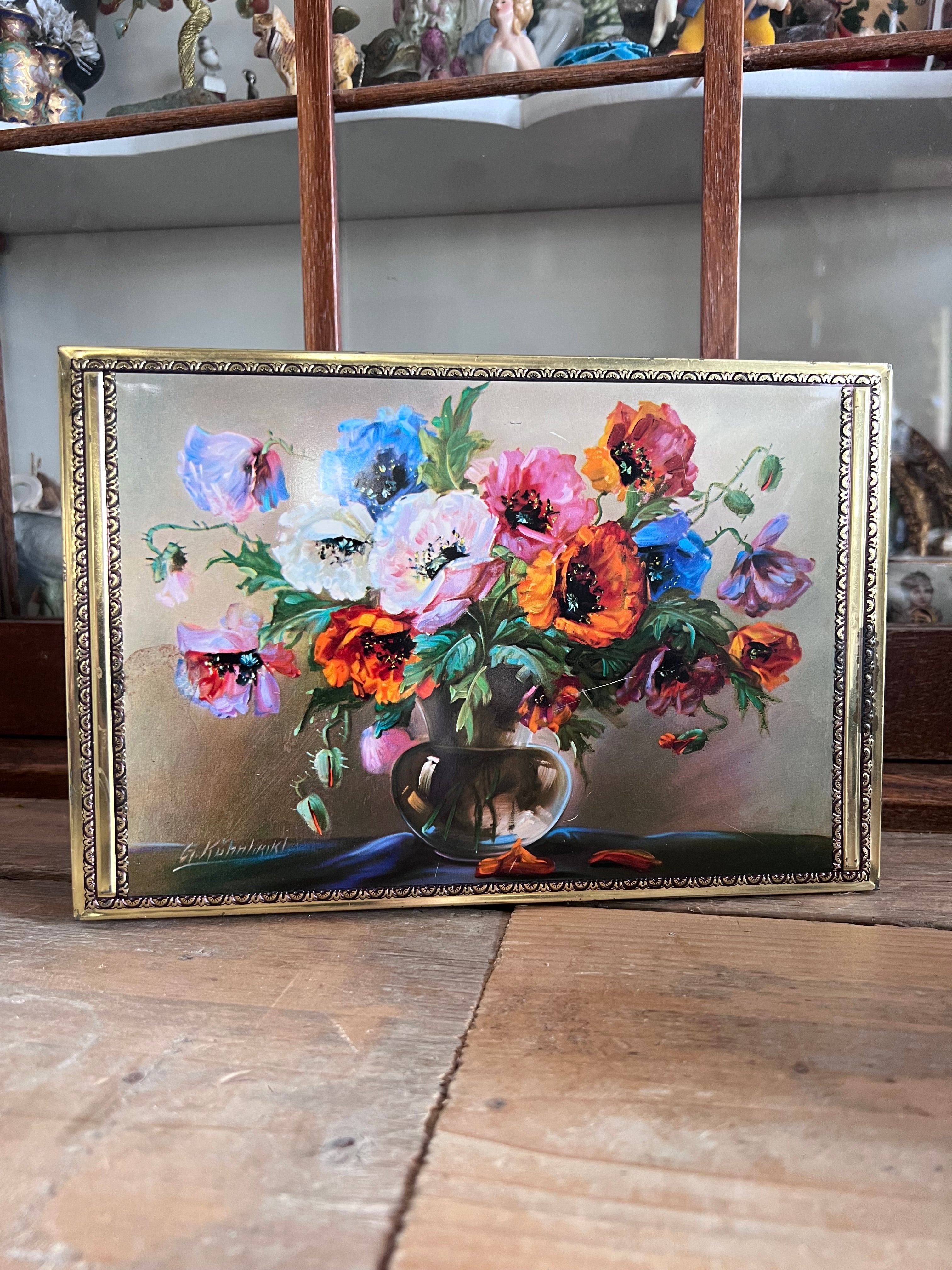 Vintage blik met bloemen, blikchocolade blik, vintage blik met bloemen