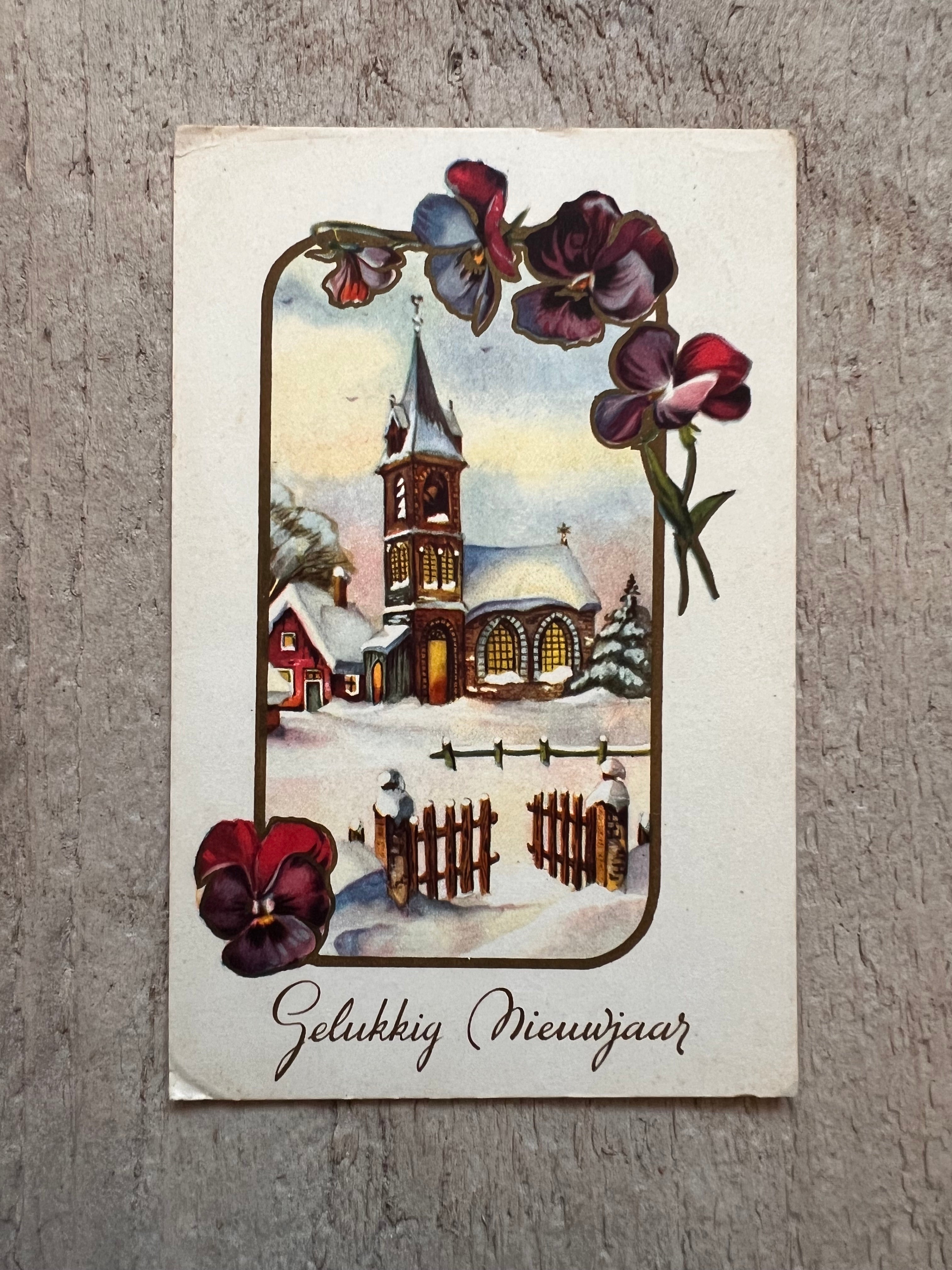Retro kaart Gelukkig Niewjaar kerk