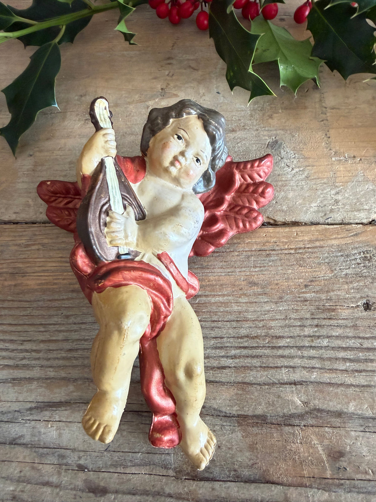 Vintage kerstengel, kunststof kerstengel, engel met mandoline, vintage kerstornament, kerstboomversiering, brocante kerstversiering, Sofia&