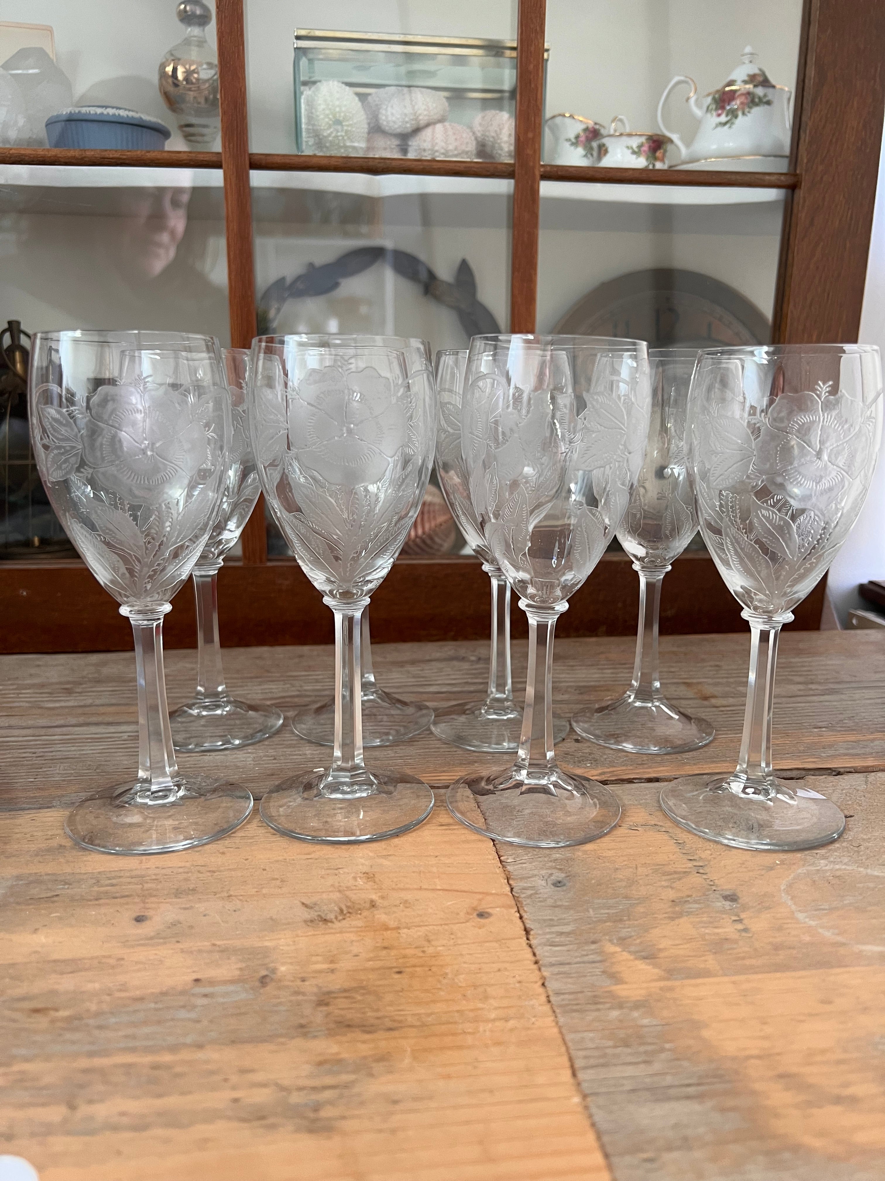 Crystal white wine glasses with flowers