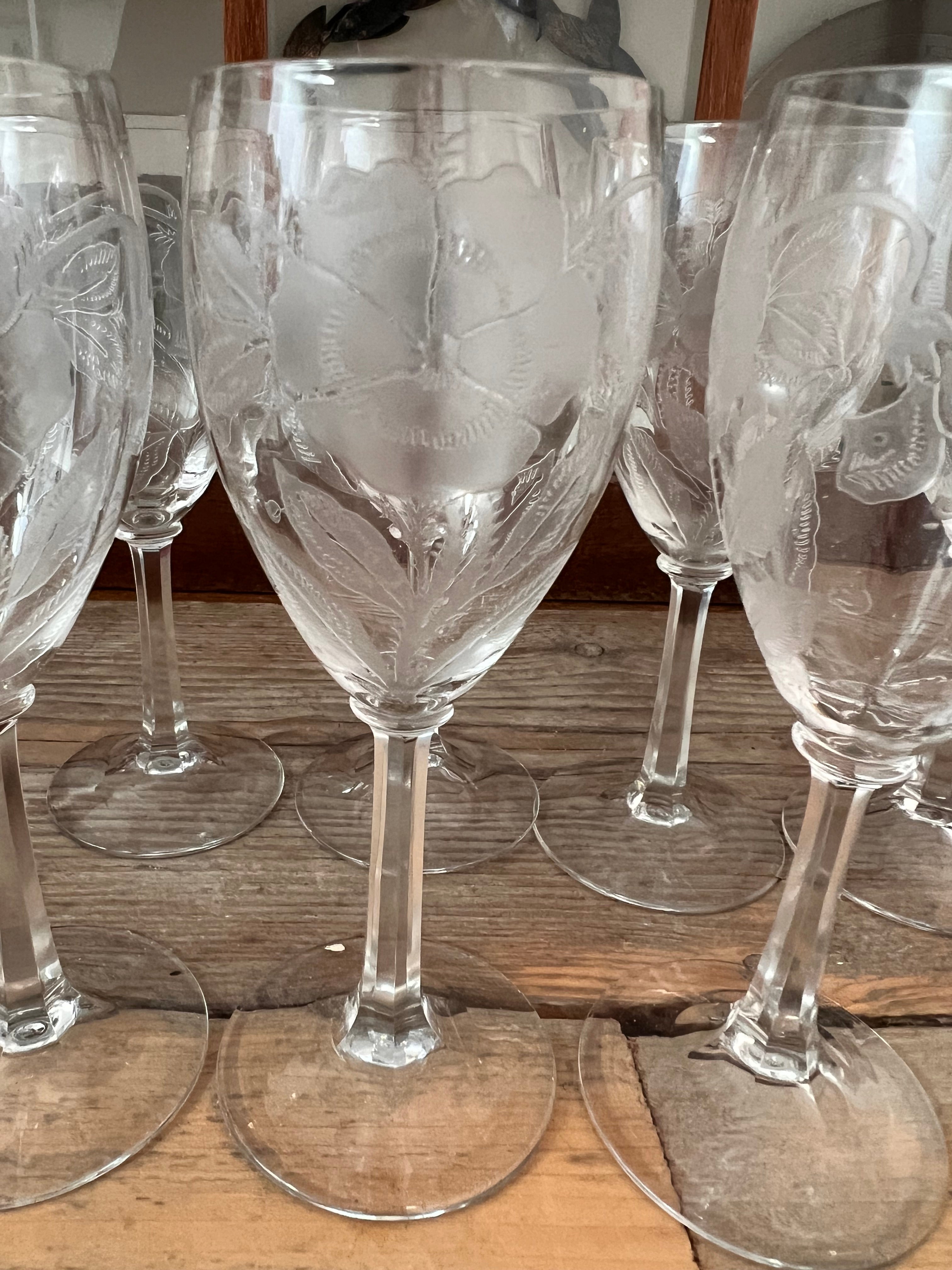 Crystal white wine glasses with flowers