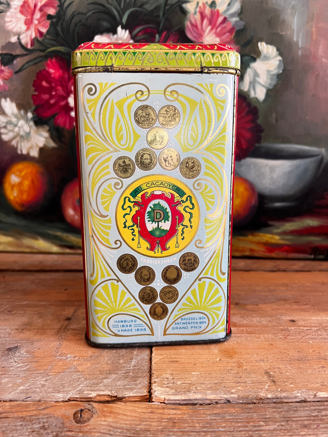 intage Droste blik, Droste cacaopoeder blik, oud cacaoblisteren, 1 kg blik, retro verpakkingen, vintage cacaoblister, collectorsitem blik, tweedehands Droste blik