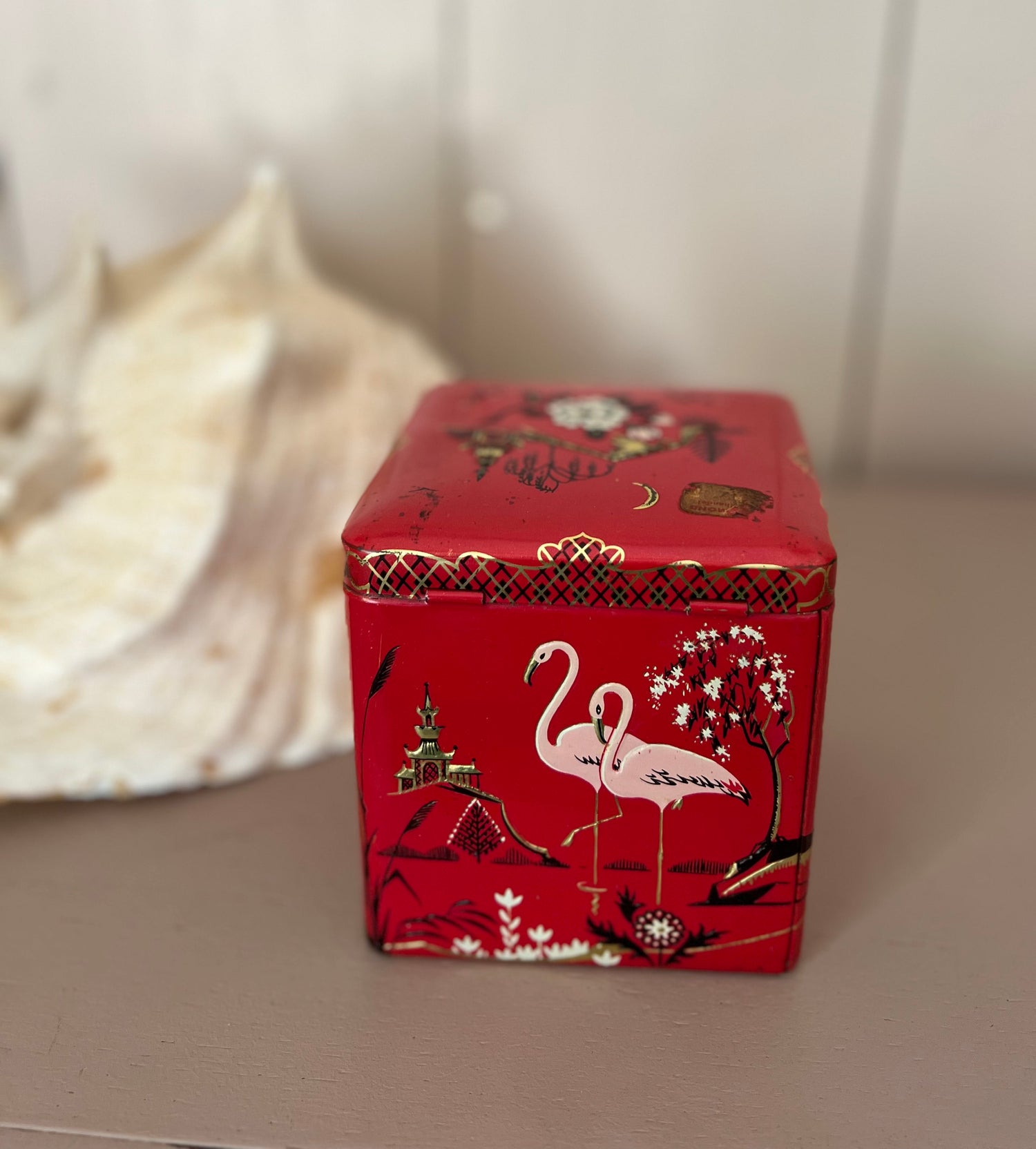 Vintage theeblik met flamigo&