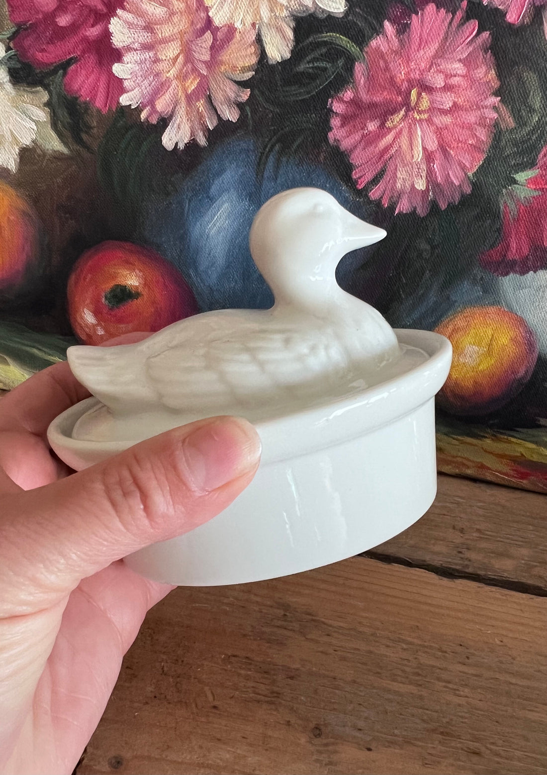 mini terrine, mini terrine eend, wit porselein terrine, terrine porselein, kleine terrine, terrine voor sauzen, servies eend, porseleinen terrine, mini schaal porselein, cadeau terrine porselein.