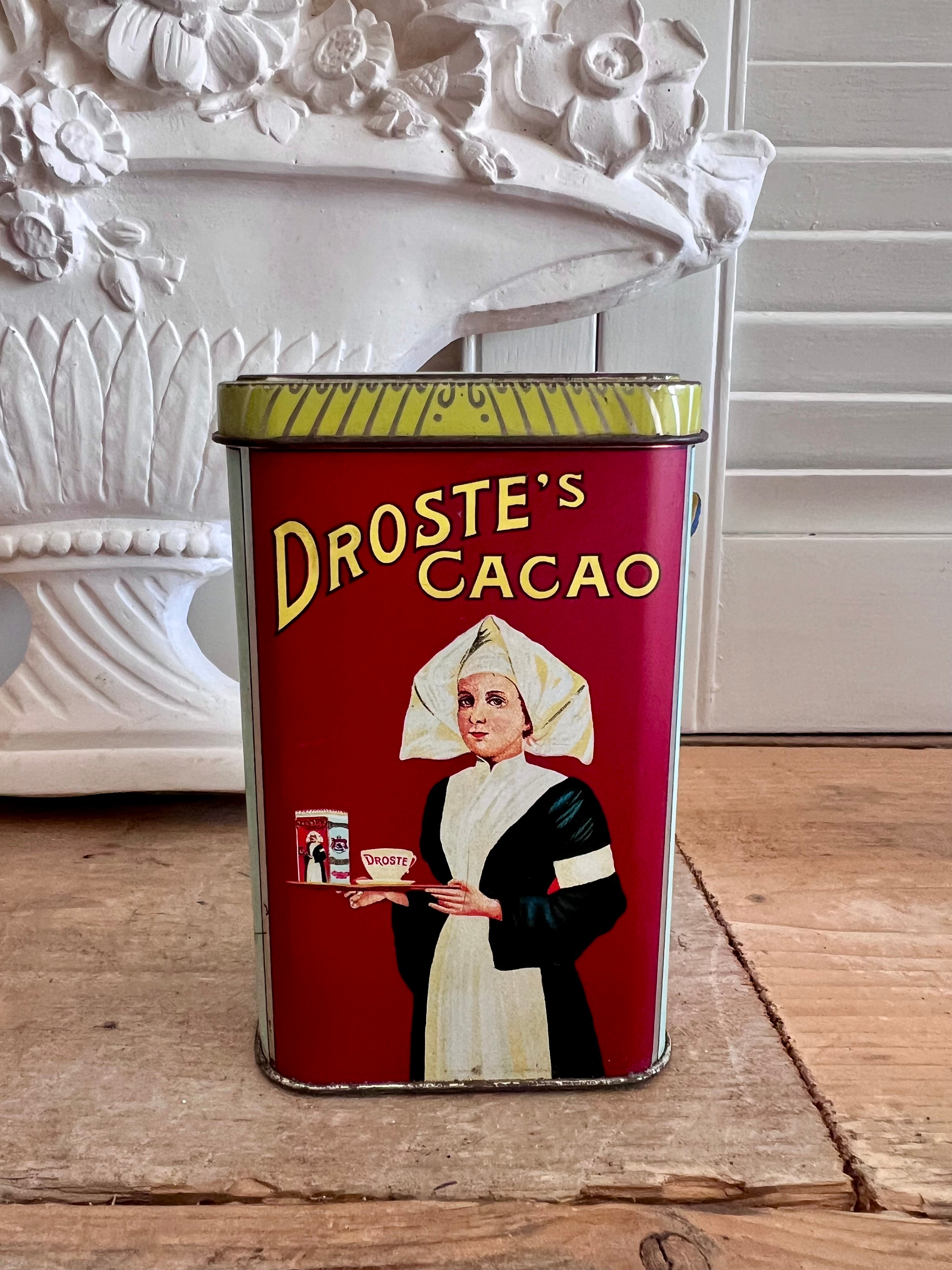 vintage Droste cacao blikje, antiek cacao blik, retro chocolade blik, Droste verzameling, vintage verpakkingen, oldtimer blik Droste, droste cacao souvenir, cacao blikje decoratie, nostalgisch chocolade blikje