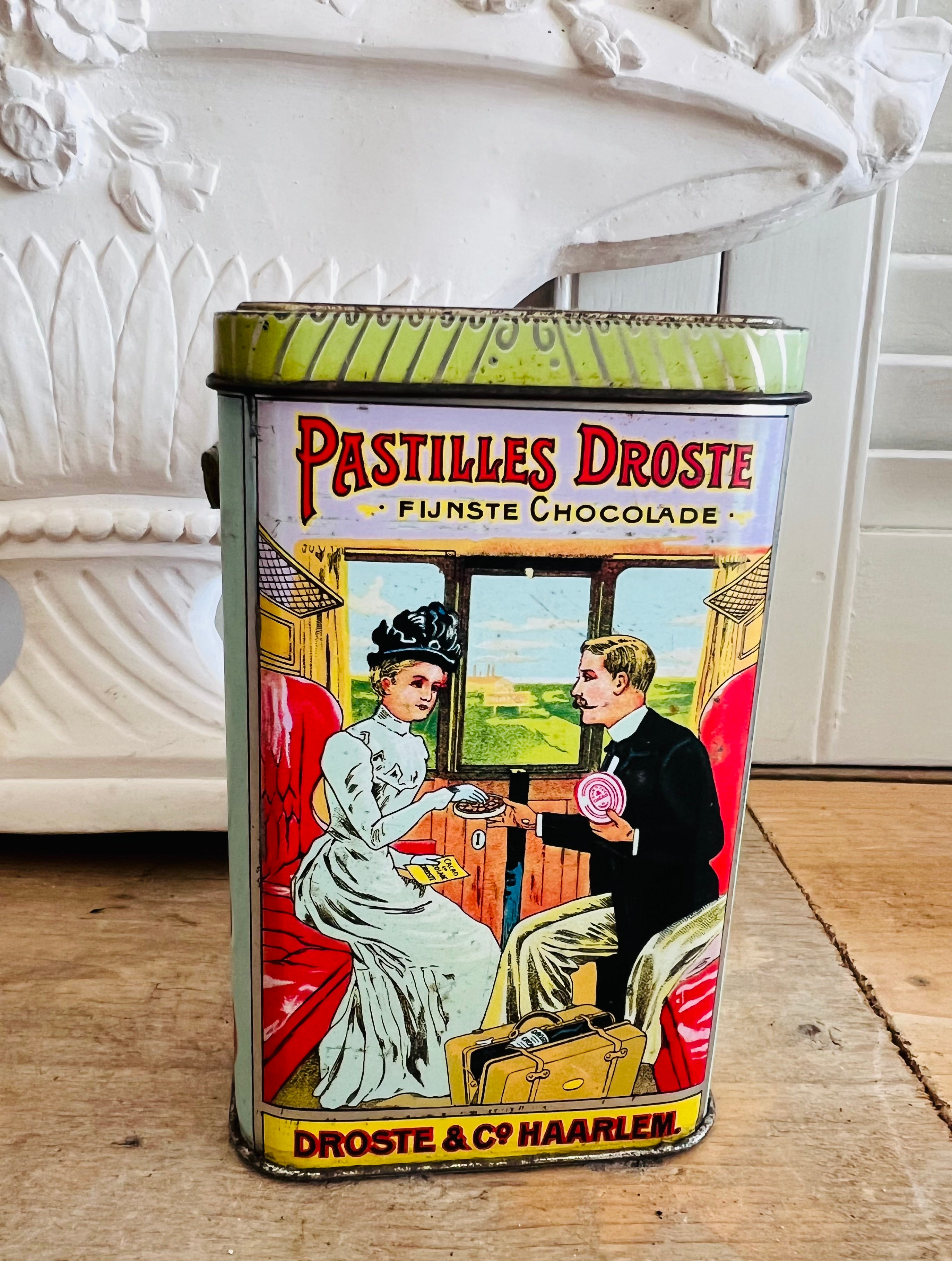 vintage Droste cacao blikje, antiek cacao blik, retro chocolade blik, Droste verzameling, vintage verpakkingen, oldtimer blik Droste, droste cacao souvenir, cacao blikje decoratie, nostalgisch chocolade blikje