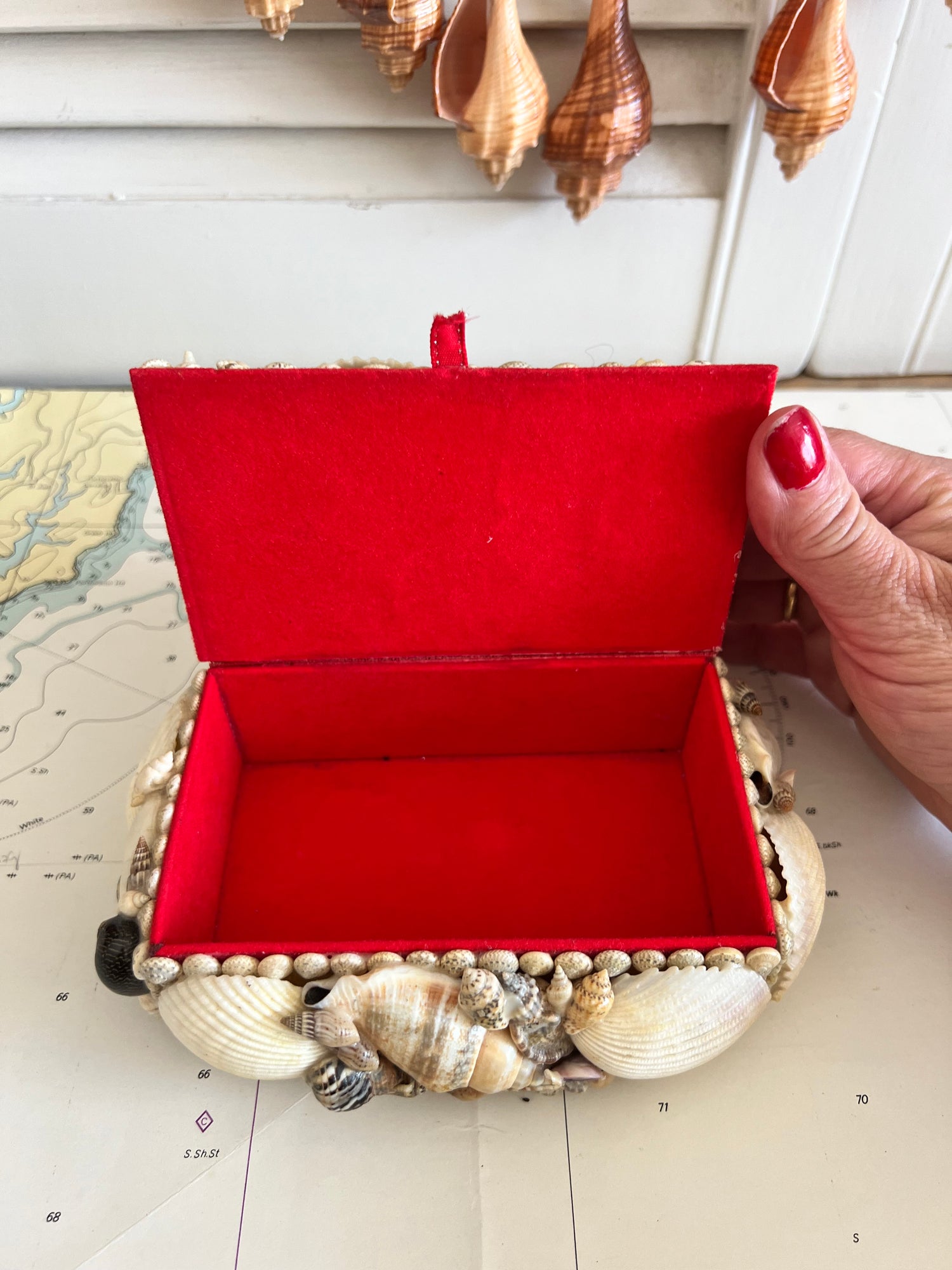 Vintage opbergdoosje met schelpen uit Frankrijk