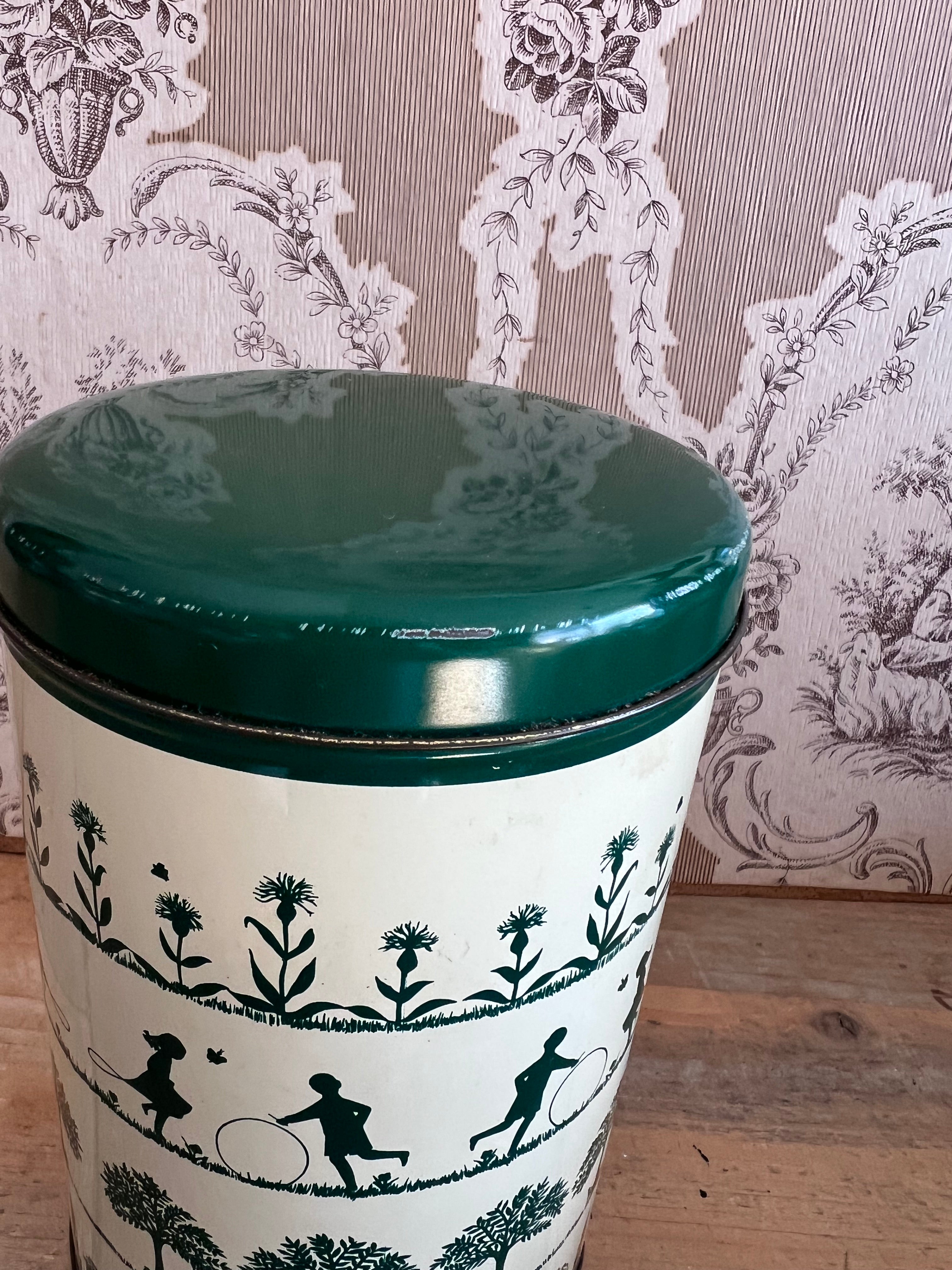 Tomado voorraadbus, vintage voorraadbus, voorraadbus groen beige, Tomado voorraadbus met kinderen, retro voorraadbus, voorraadbus keuken, lucht- en vochtdichte voorraadbus, decoratieve voorraadbus.