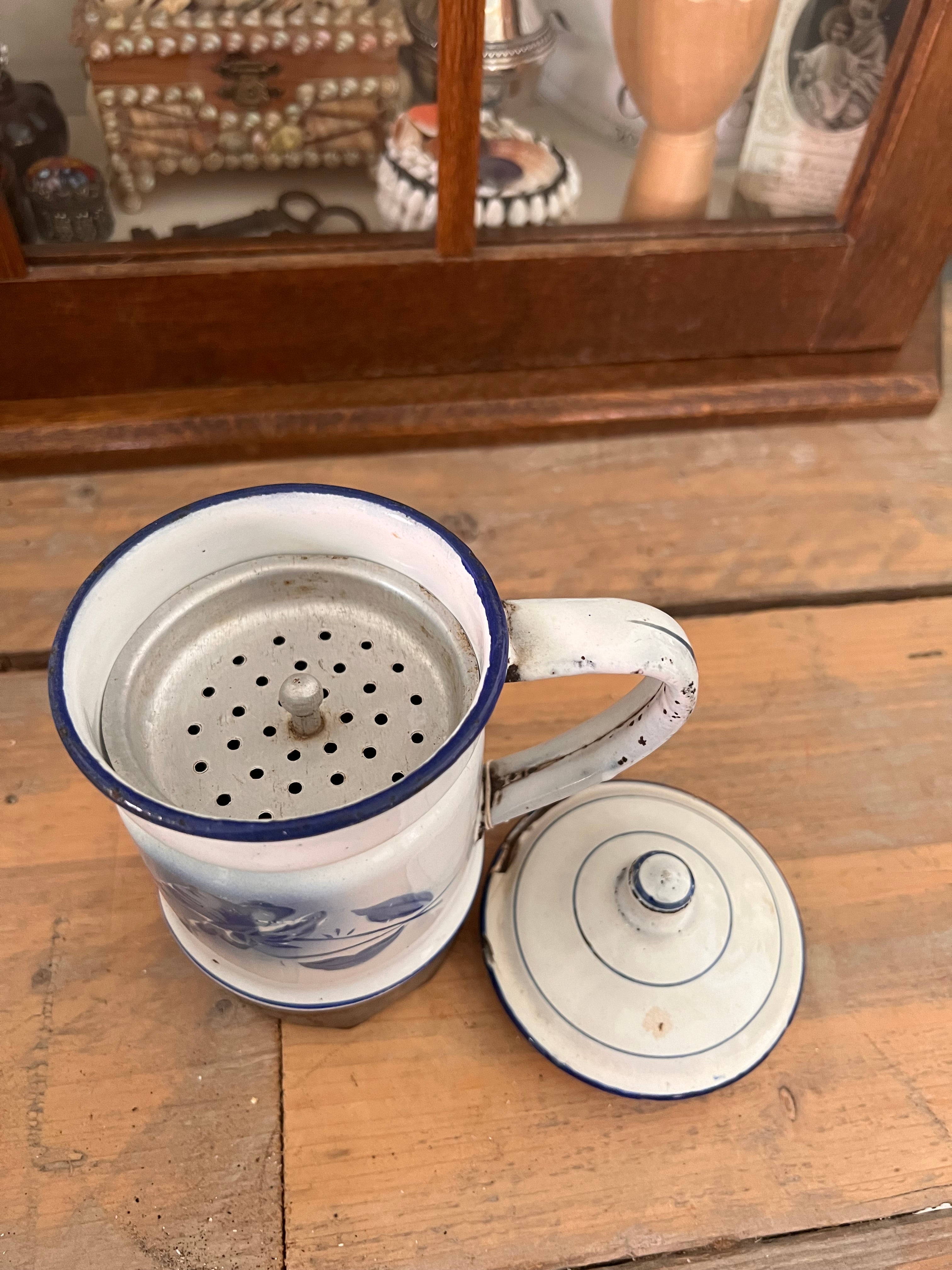 Emaille koffiepot blauw/wit