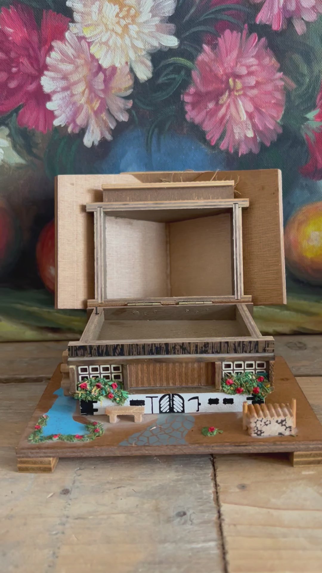  retro muziekdoosje, Beiers chalet muziekdoos, houten sieradendoosje, vintage muziekdoos, sieraden opbergdoosje hout, klein sieradendoosje, muziekdoosje cadeau, houten muziekdoosje retro