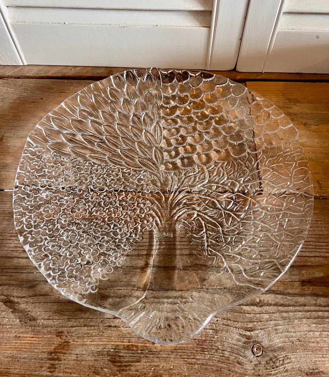 serveerbord Walther Glas, jaren 70 serveerbord, groot serveerbord glas, serveerbord levensboom, vier seizoenen bord, vintage serveerbord, retro serveerbord glas, tafelaccessoires glas, Walther Glas design bord, uniek serveerplateau