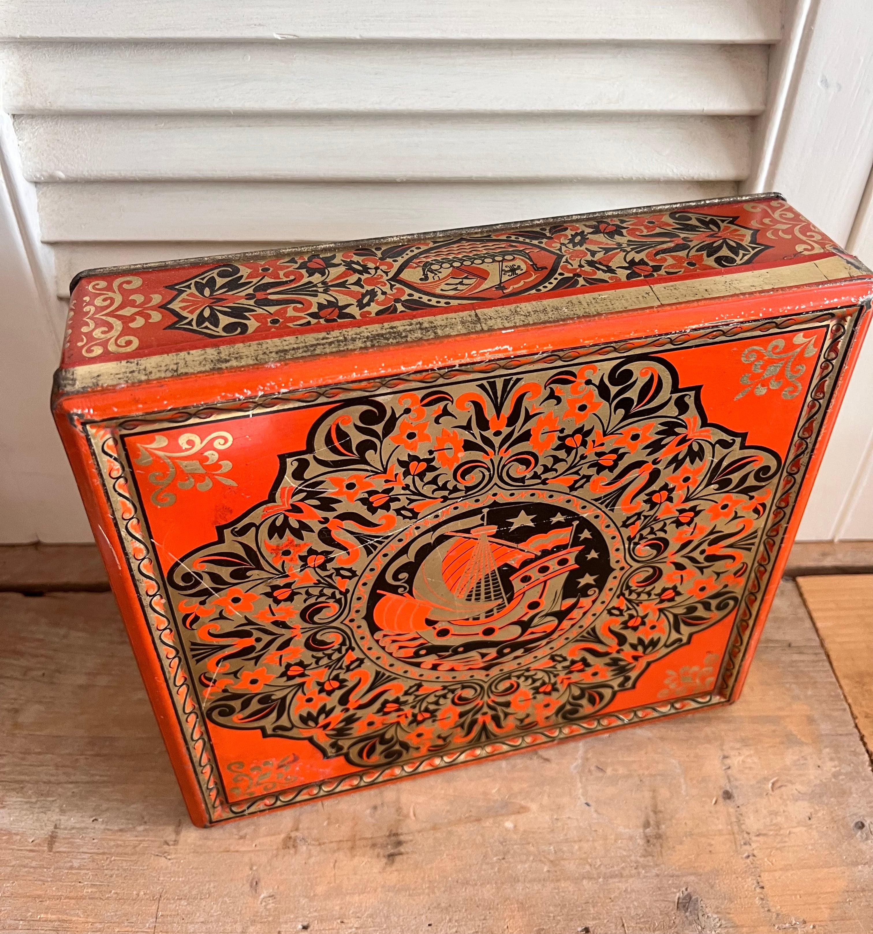 Art Deco koekblik, Verkade koekblik, retro koekblik, vintage koekblik, koekblik oranje zwart, koekblik met schip, metalen koekblik, decoratief koekblik, verzamelobject koekblik