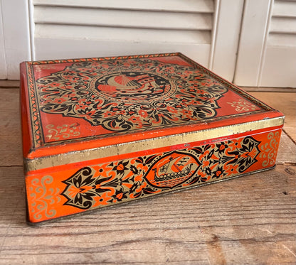 Art Deco koekblik, Verkade koekblik, retro koekblik, vintage koekblik, koekblik oranje zwart, koekblik met schip, metalen koekblik, decoratief koekblik, verzamelobject koekblik