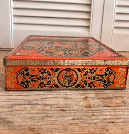 Art Deco koekblik, Verkade koekblik, retro koekblik, vintage koekblik, koekblik oranje zwart, koekblik met schip, metalen koekblik, decoratief koekblik, verzamelobject koekblik