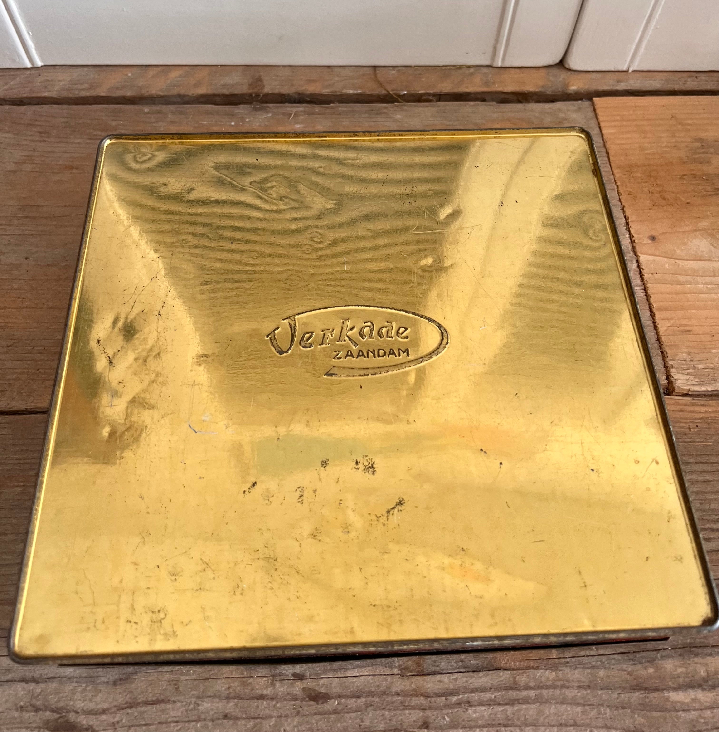 Art Deco koekblik, Verkade koekblik, retro koekblik, vintage koekblik, koekblik oranje zwart, koekblik met schip, metalen koekblik, decoratief koekblik, verzamelobject koekblik