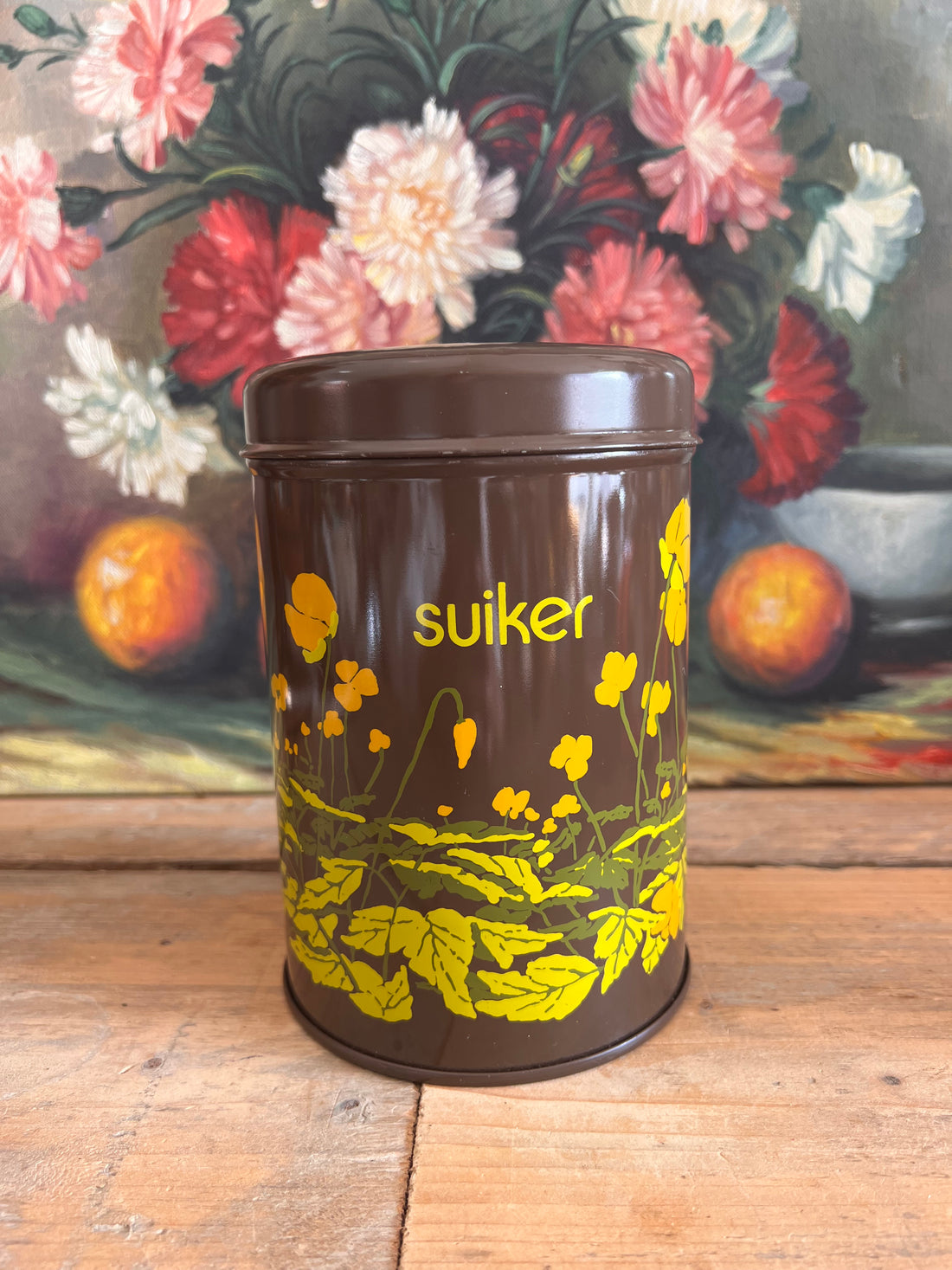 Jaren 70 Brabantia voorraadblik suiker bruin met boterbloemen