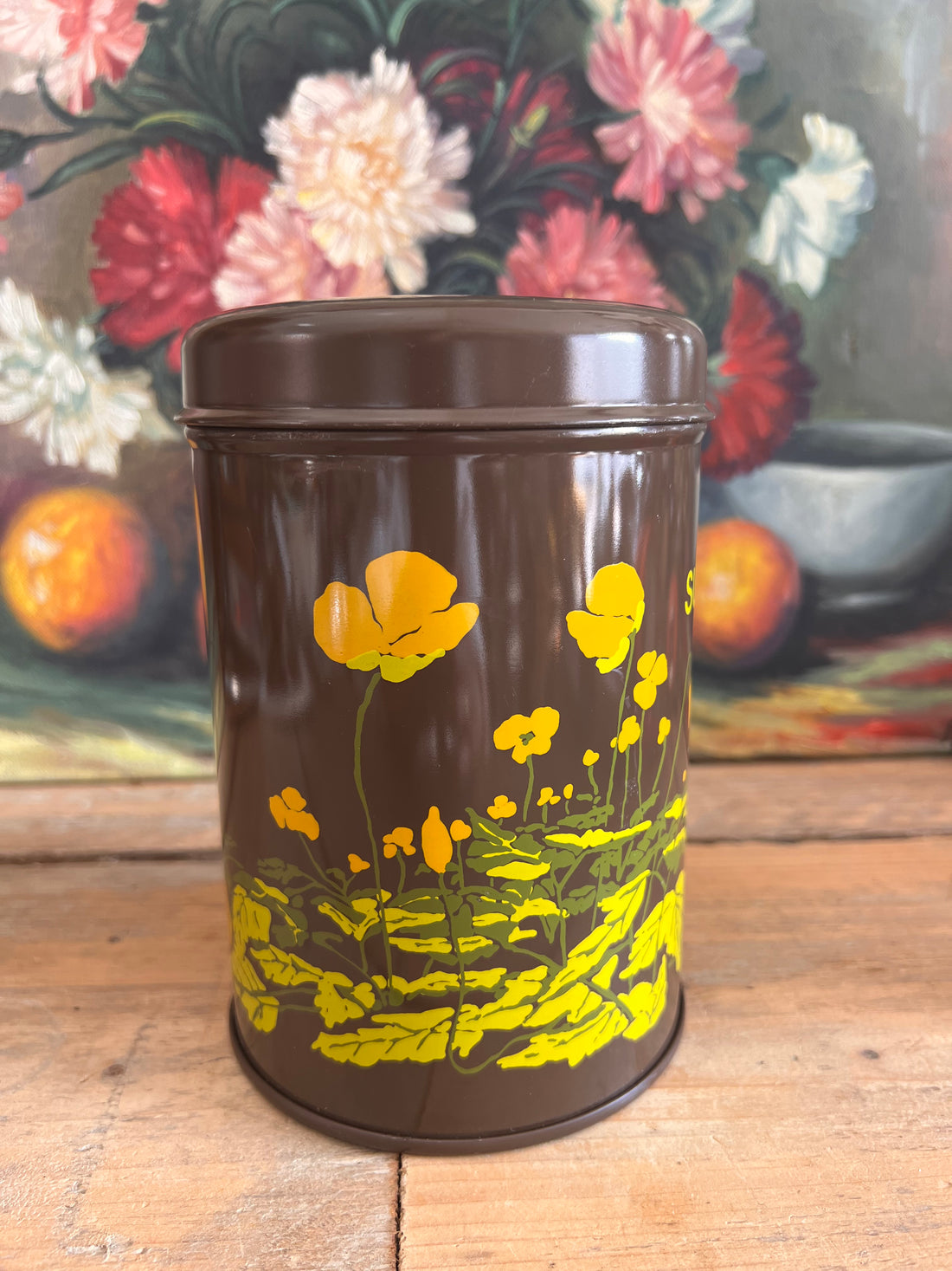 Jaren 70 Brabantia voorraadblik suiker bruin met boterbloemen