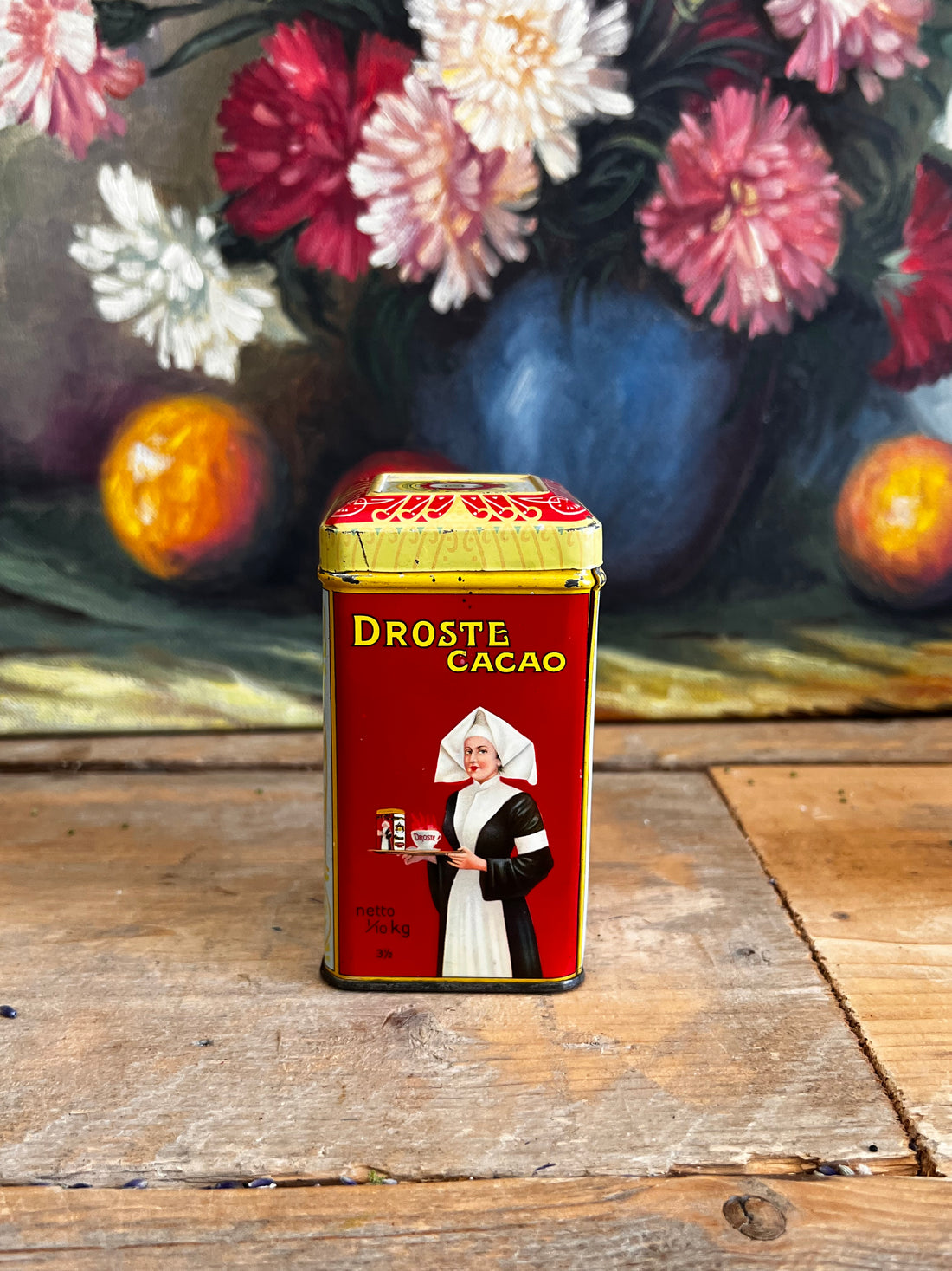 mini Droste blikje, Droste chocolade 100 gram, vintage Droste blik, Droste collectible, Nederlandse chocolade, Droste chocolade vintage, nostalgisch chocolade blikje.