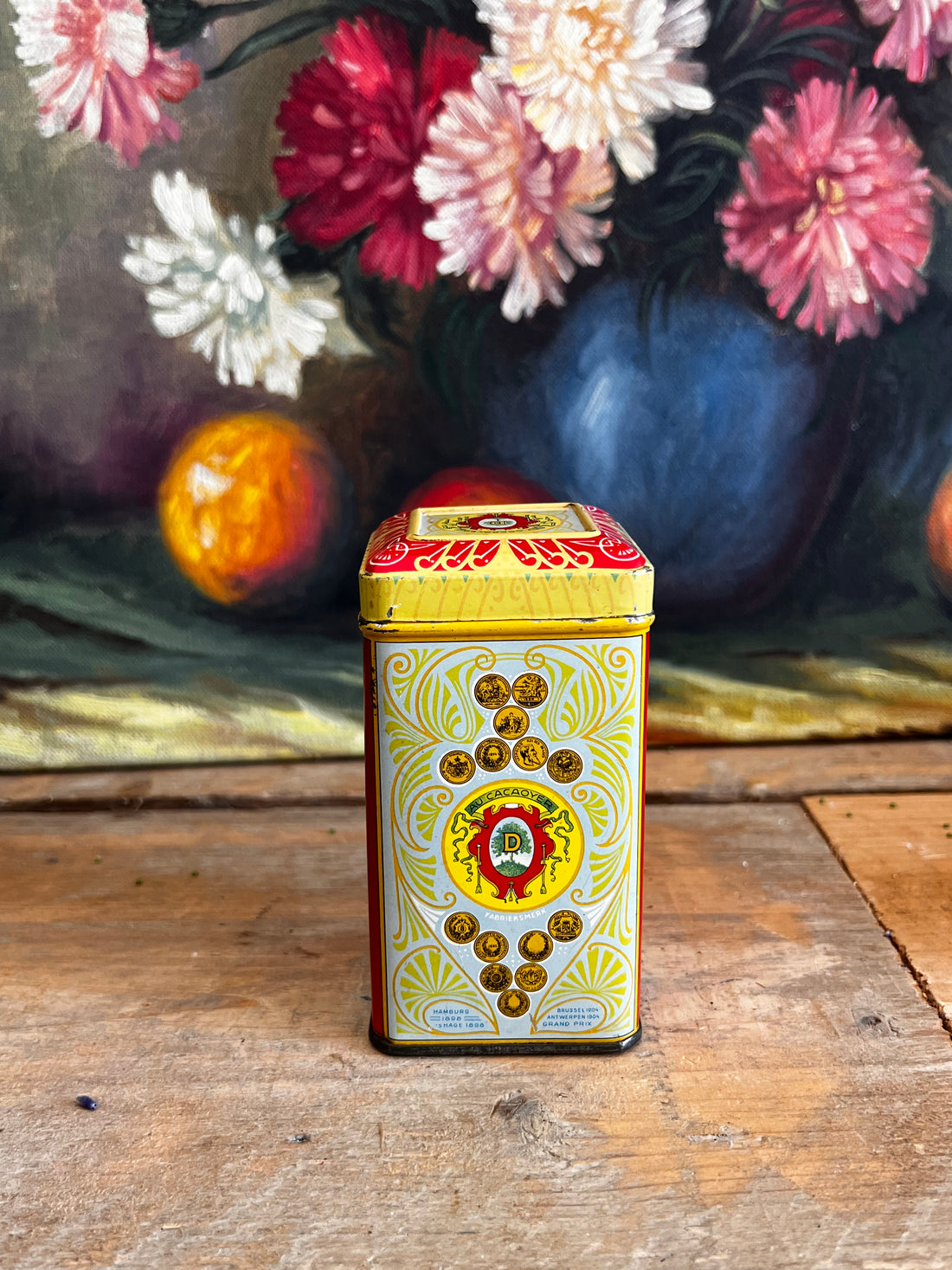 mini Droste blikje, Droste chocolade 100 gram, vintage Droste blik, Droste collectible, Nederlandse chocolade, Droste chocolade vintage, nostalgisch chocolade blikje.
