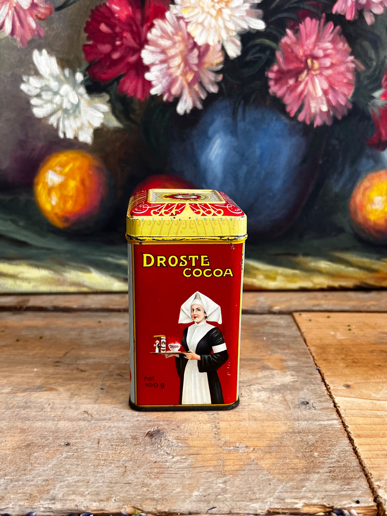 mini Droste blikje, Droste chocolade 100 gram, vintage Droste blik, Droste collectible, Nederlandse chocolade, Droste chocolade vintage, nostalgisch chocolade blikje.