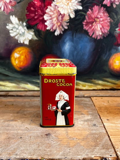 mini Droste blikje, Droste chocolade 100 gram, vintage Droste blik, Droste collectible, Nederlandse chocolade, Droste chocolade vintage, nostalgisch chocolade blikje.