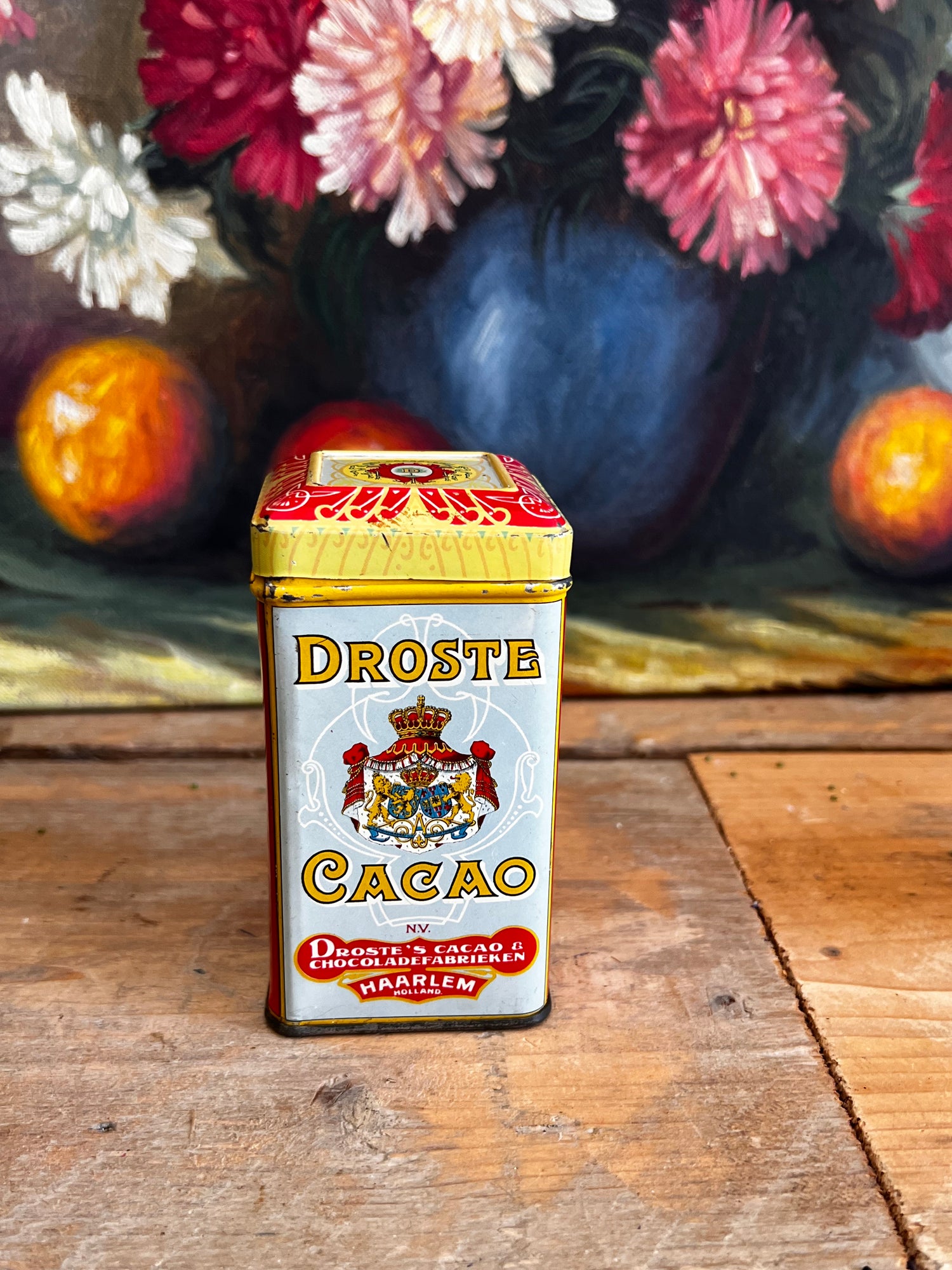 mini Droste blikje, Droste chocolade 100 gram, vintage Droste blik, Droste collectible, Nederlandse chocolade, Droste chocolade vintage, nostalgisch chocolade blikje.
