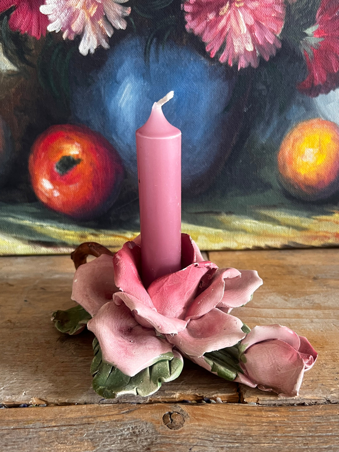 Capodimonte Bassano kandelaar, vintage keramiek kandelaar Italië, jaren 60 kandelaar porselein, keramiek kandelaar roze roos, Italiaanse vintage kandelaar, porseleinen rozenkandelaar, Capodimonte collectible, vintage kandelaar keramiek.