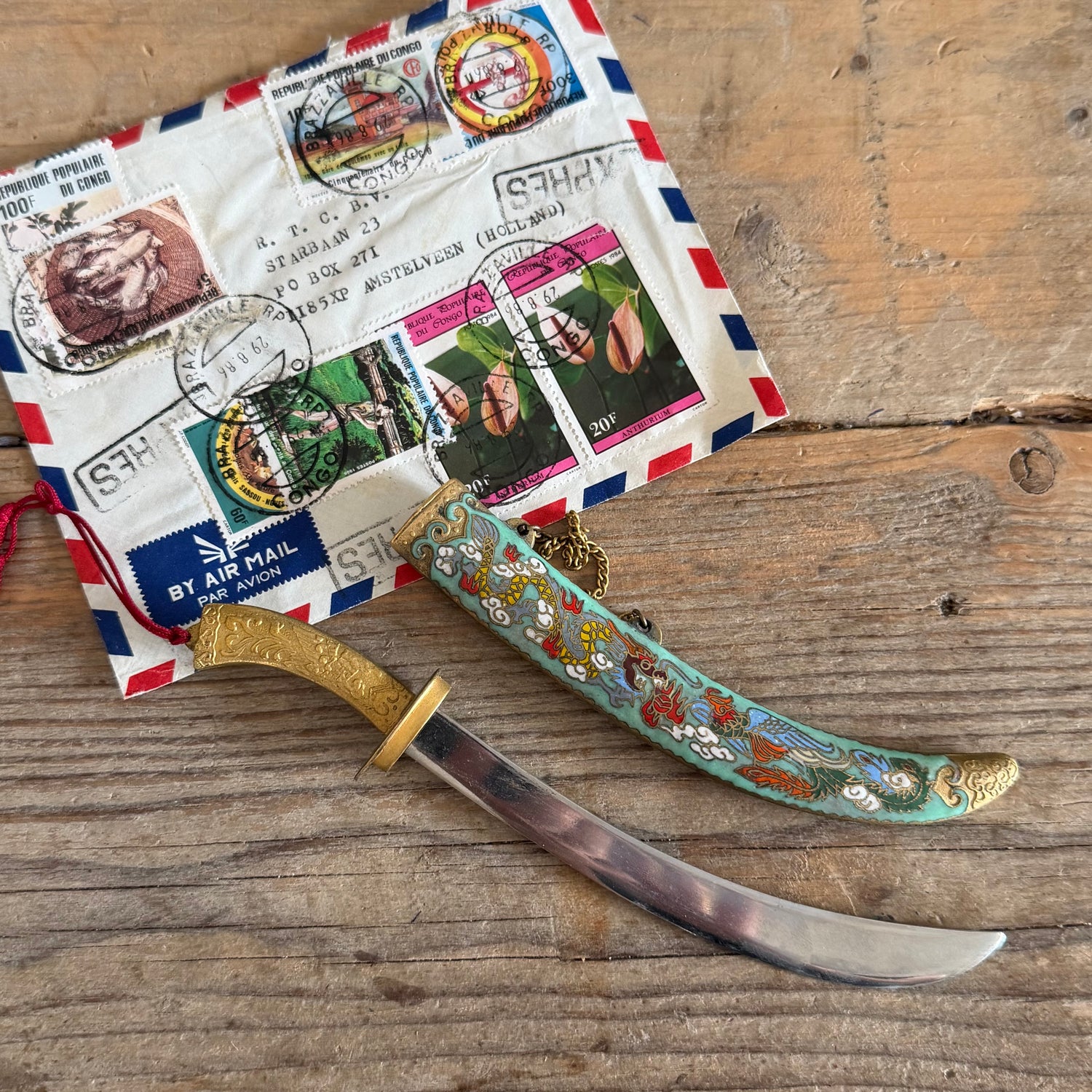Cloisonné, brievenopener, vintage bureauaccessoires, oosterse decoratie, emaille, draak, feniks, verzamelobject, cloisonné brievenopener