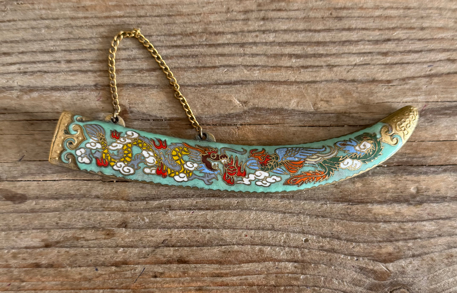 Cloisonné, brievenopener, vintage bureauaccessoires, oosterse decoratie, emaille, draak, feniks, verzamelobject, cloisonné brievenopener