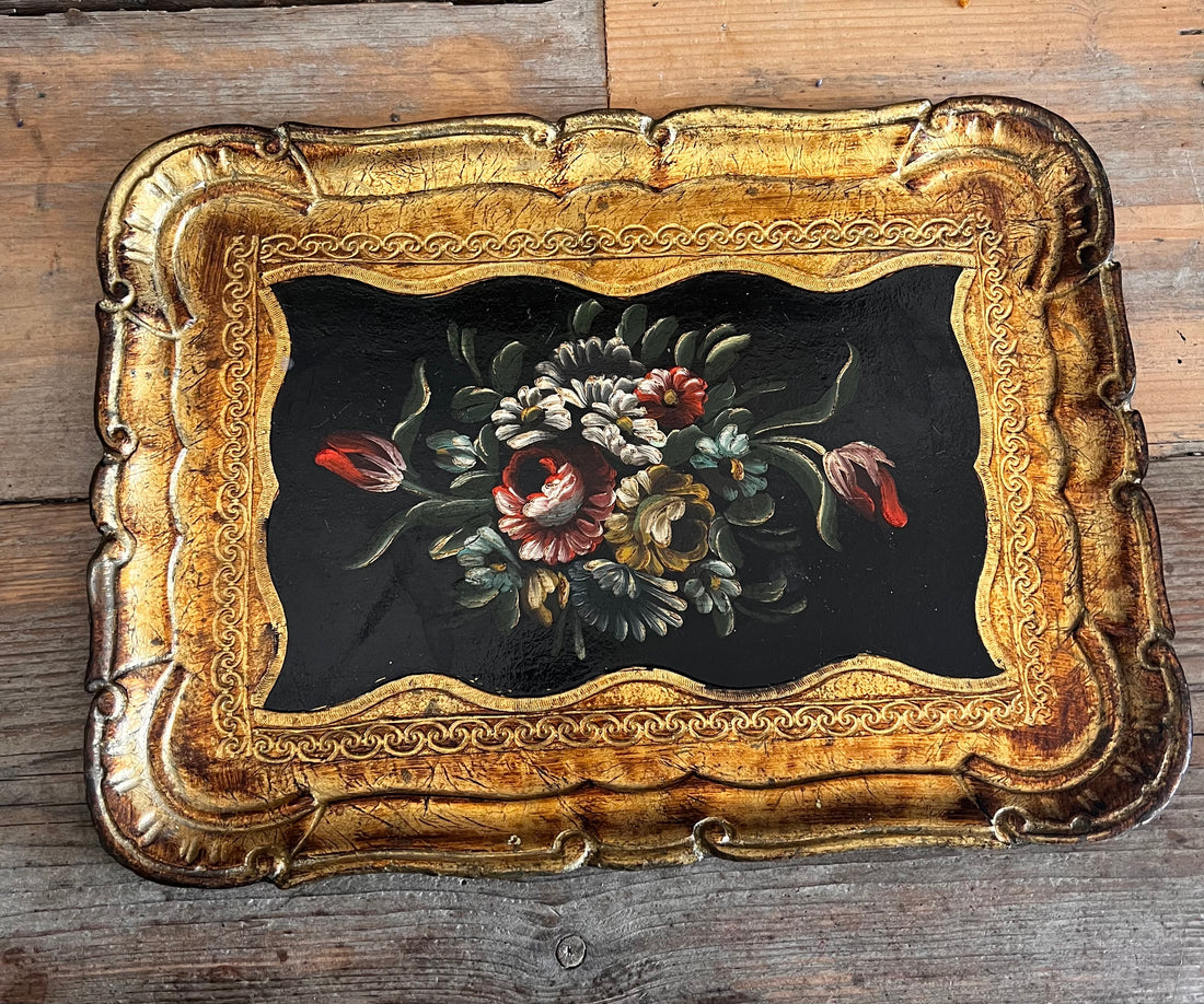 Florentijns dienblad vintage, fleurige dienbladen, vintage dienblad met boeket, uniek Florentijns dienblad, collectorsitem dienblad, florentijnse decoratie dienblad, vintage Italiaanse dienbladen