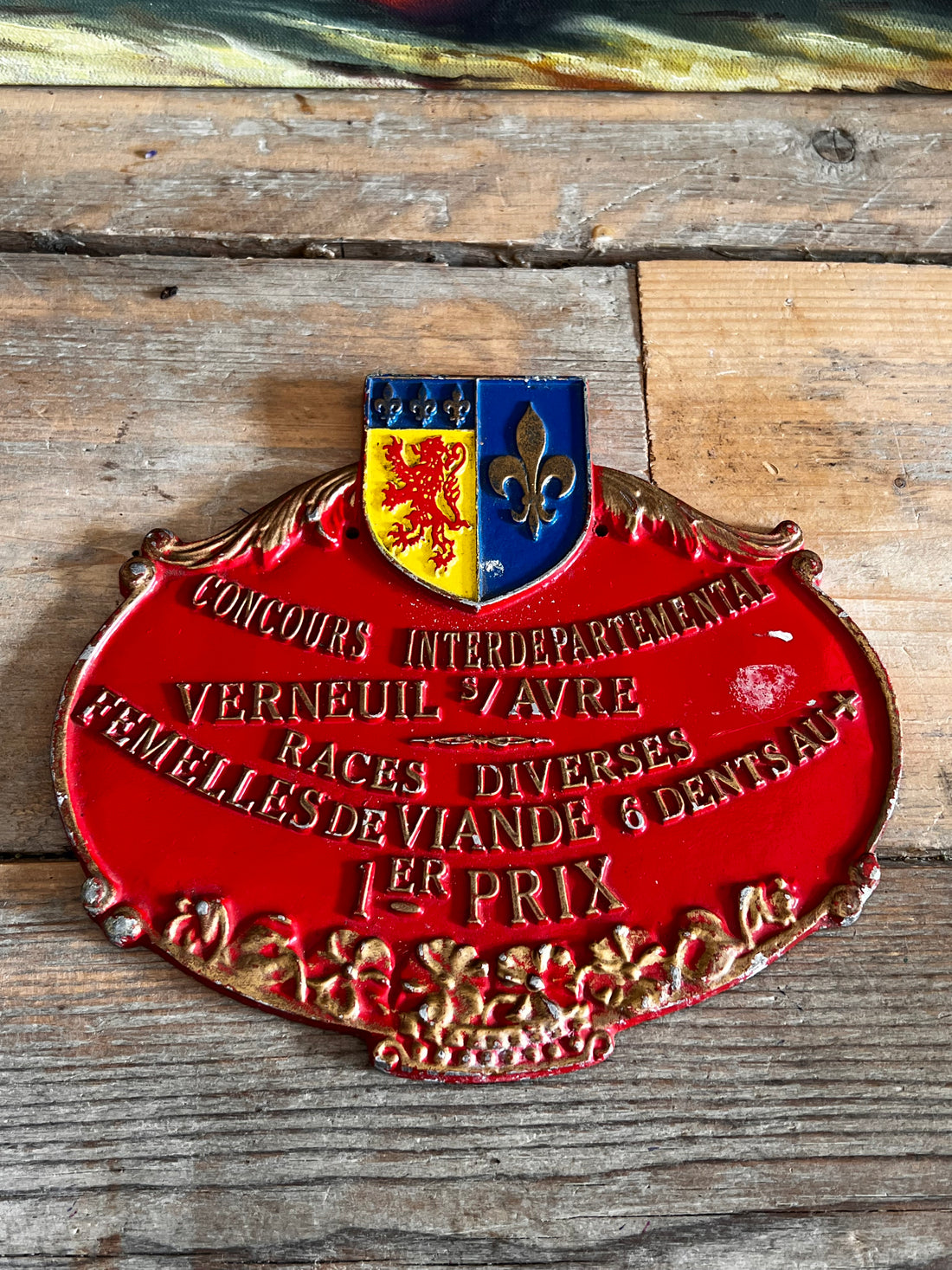 metalen bordje landbouwwedstrijd, vintage plaques Frankrijk, agrarisch concours bordje, Verneuil sur Avre souvenir, antieke metalen plaquette, decoratie landelijke stijl, collectible landbouw bordje
